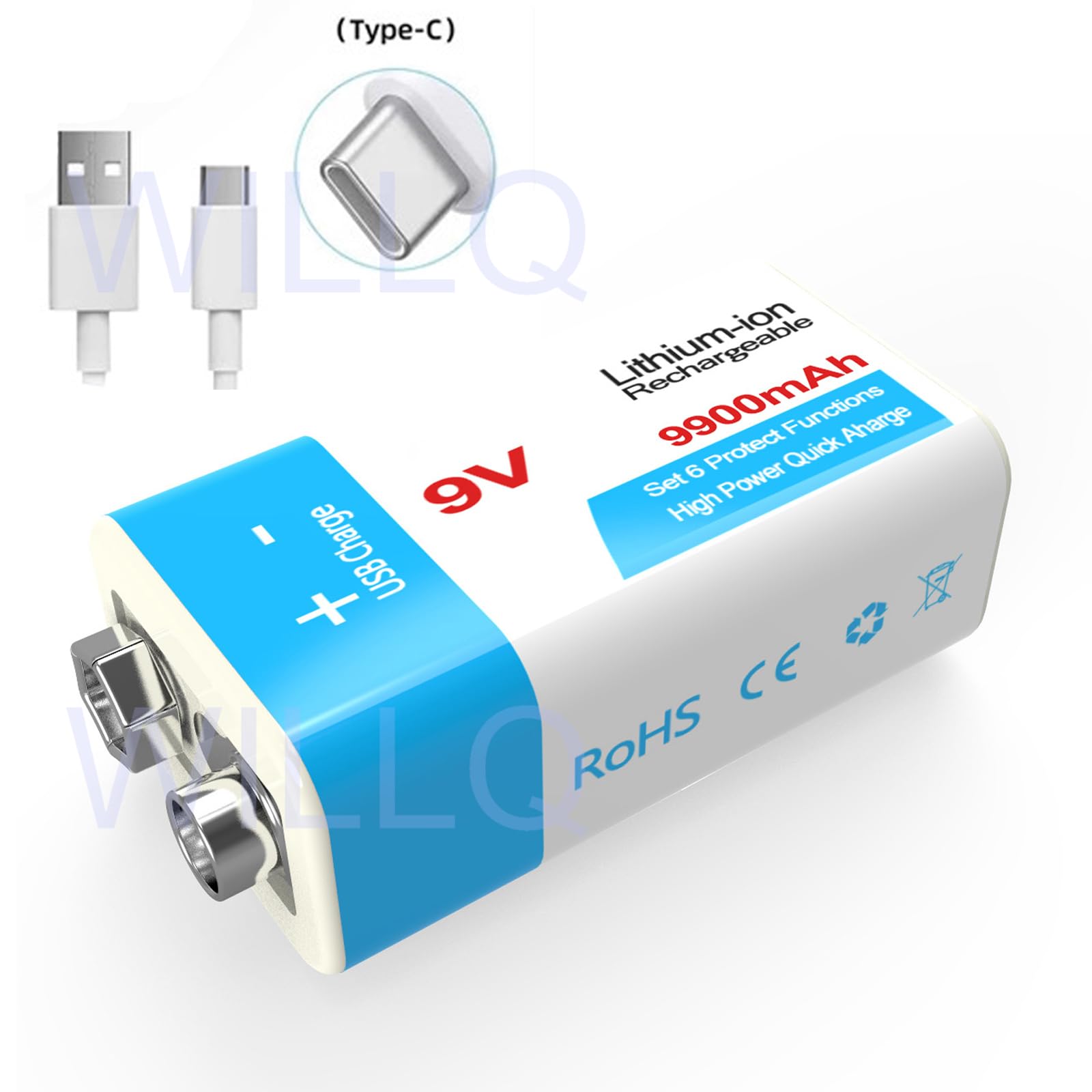 Baterías de Litio Recargables de 9V USB Tipo-c 9 Voltios 9900mAh 12800mAh Baterías de Repuesto 1.5 H Carga Rápida 1000 Ciclos para Dispositivos Eléctricos de 9V,2pcs 9v9900mah