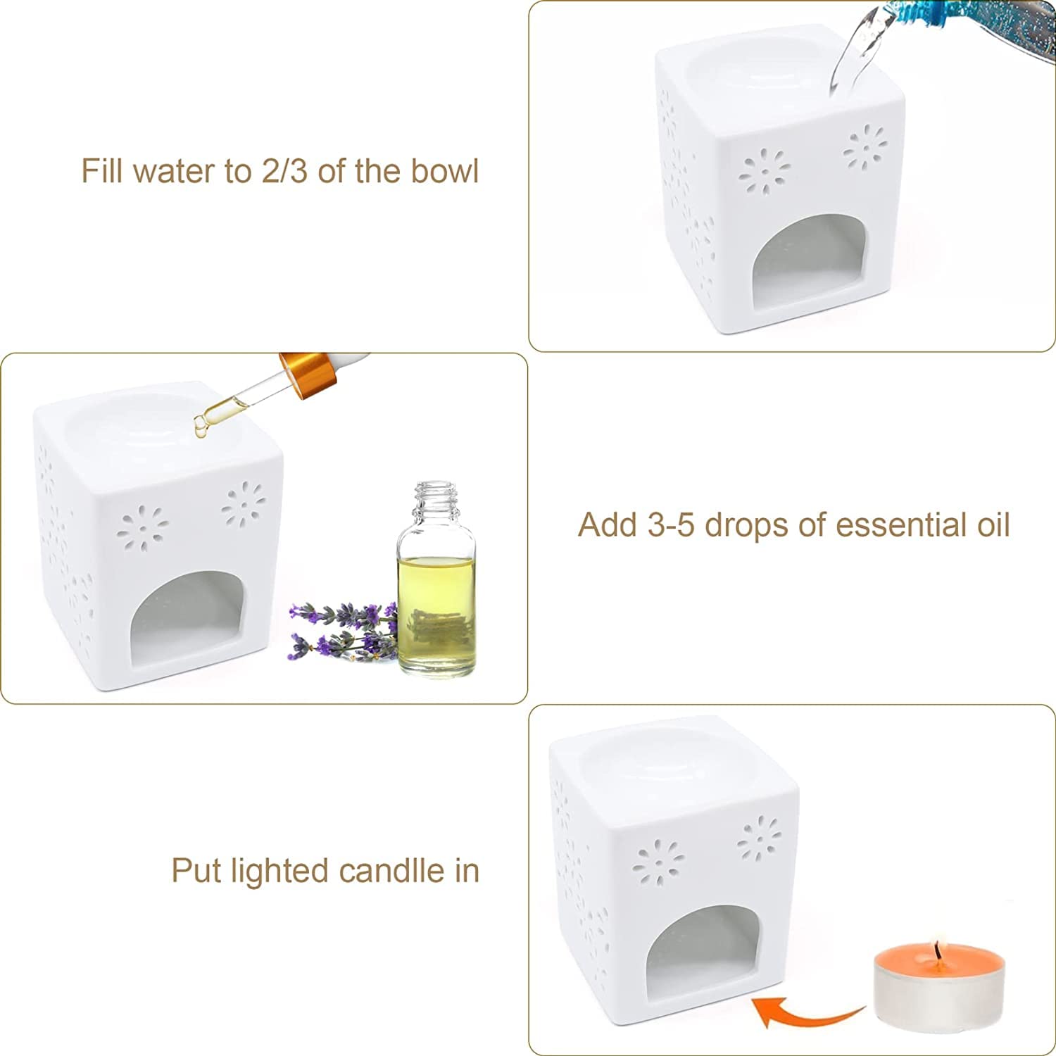AAPIE Brûleur de Cire en céramique Chauffe-Cire de Bougie carrée avec Motif de Fleur Chauffe-Cire Lampe à Huile Essentielle pour la décoration intérieure Spa Yoga