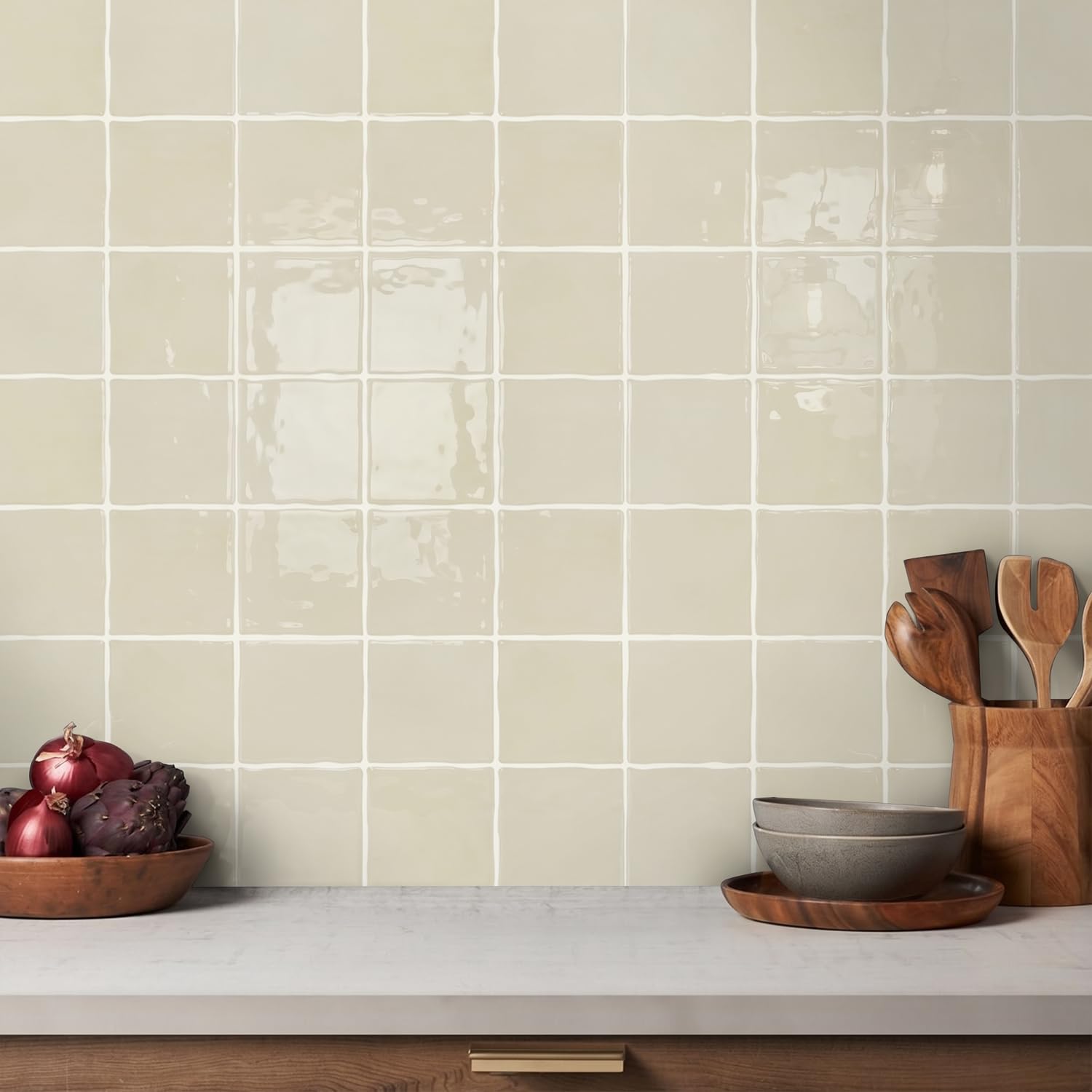 Commomy Più Spessi Piastrelle Adesive Cucina Beige, 10 pezzi | Paraschizzi Cucina Mattonelle Adesive Bagno, Vinile Pannelli Decorative 3D per Parete,30,5 x 30,5 cm