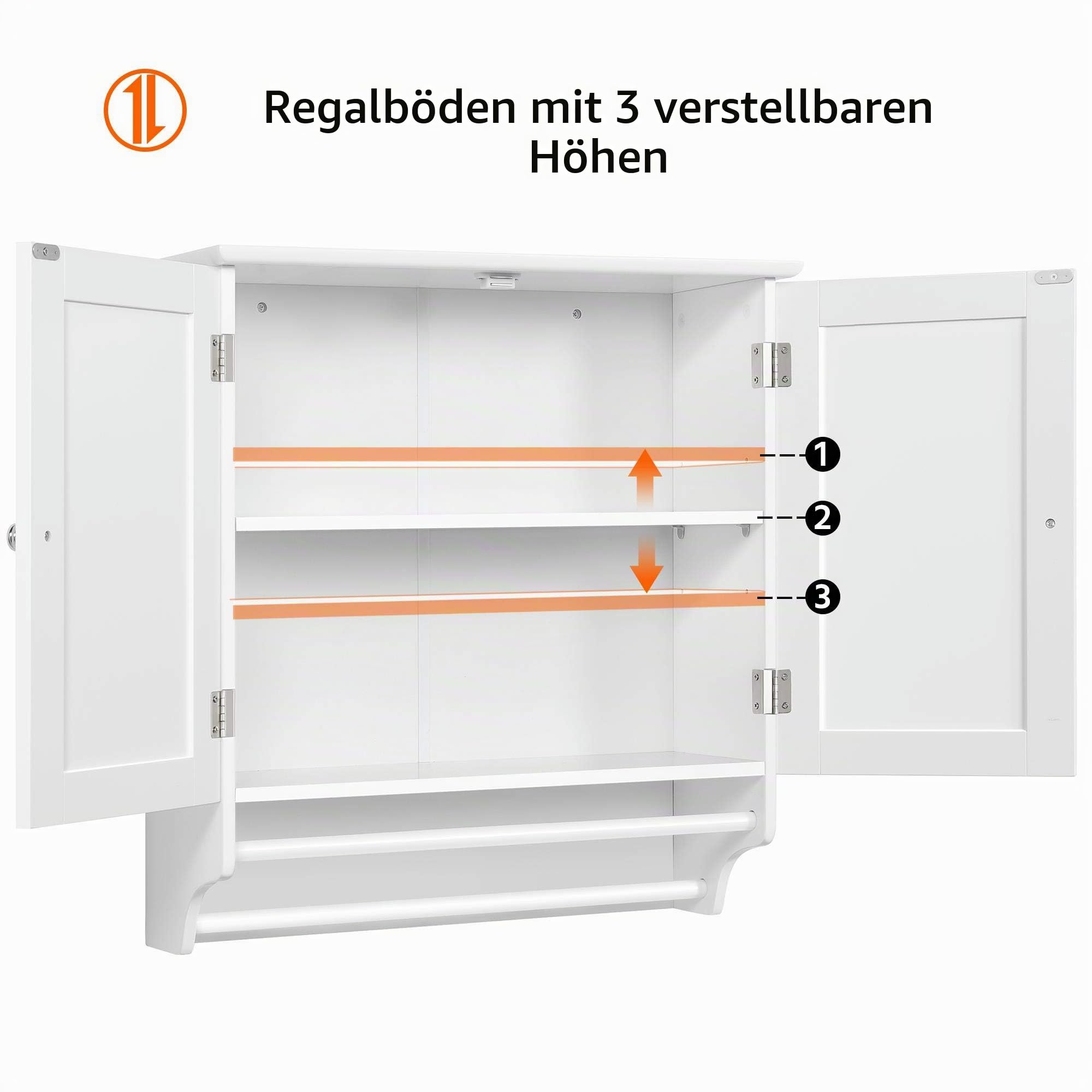 Yaheetech Badezimmerschrank Hängeschrank Wandschrank mit 2 Türen & Handtuchhalter Badschrank mit Höhenverstellbarem Einlegeboden Küchenschrank Oberschrank Weiß BHT ca: 60,5x64x22,5cm