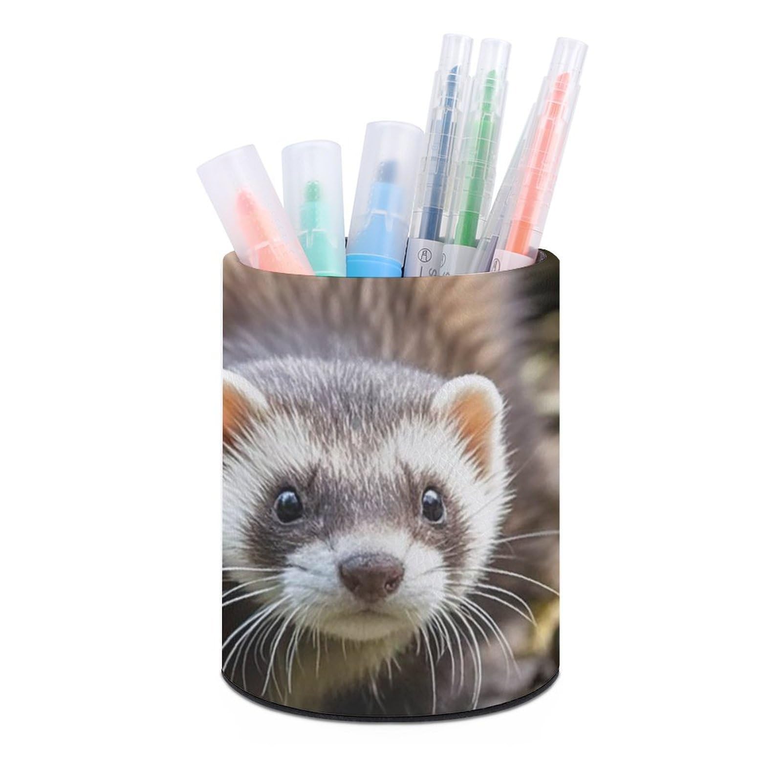 FekiLoot PU Leather Round Pen Holder Ferrets Pencil Holder Desk Organizer Pen Organizer Pen Cup Pencil Cup Caddy Desktop Stationery Organizers for Office Home Supplies