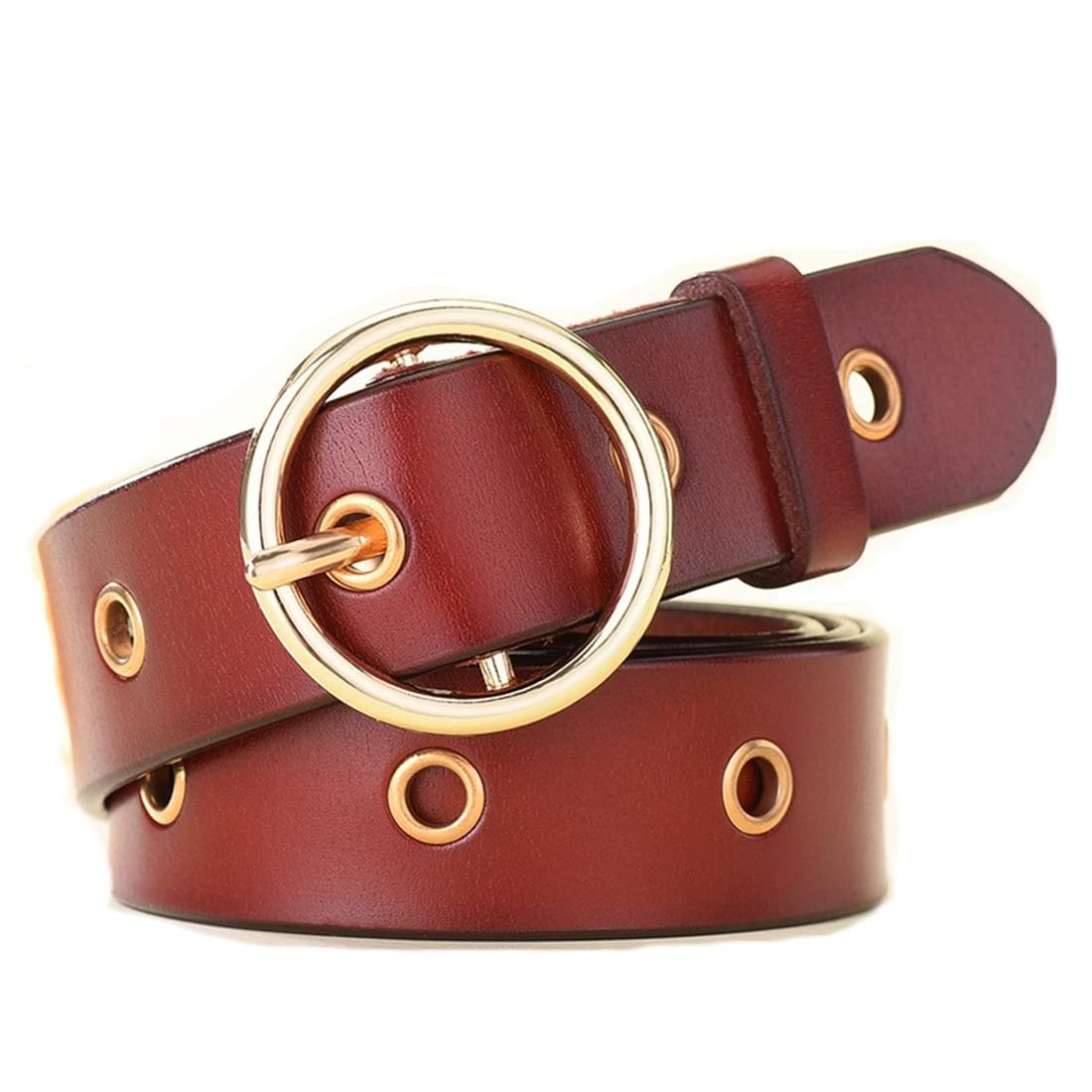 Womens Belts with O-Round Buckle Leather Fashion Girl Belt for Jeans Pants waist 24-38” (Red)