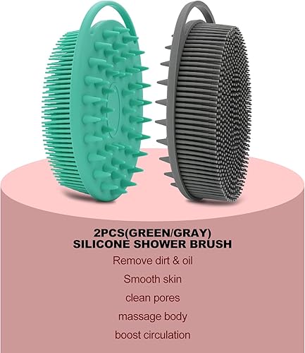 Miniatura 6 de Paquete de 2 unidades de esponja corporal de silicona, cepillo corporal de doble cara, limpiador de ducha y masajeador del cuero cabelludo, cepillo