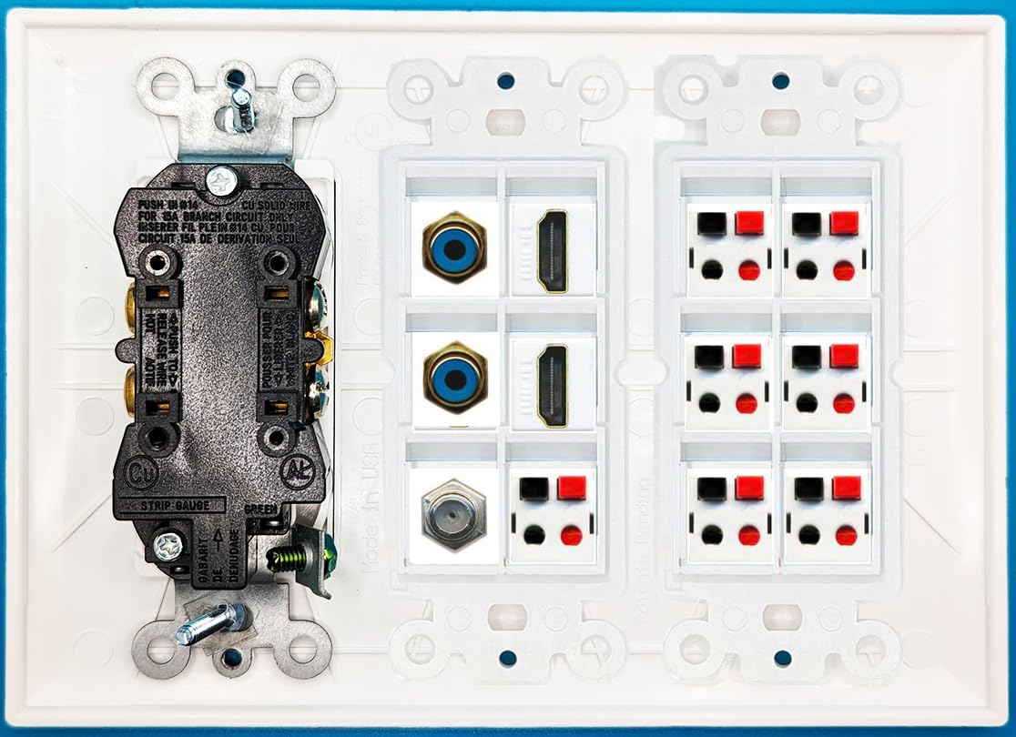RiteAV - (3 gang) gniazdo zasilania 15 A 2 HDMI koncentryczny 2 RCA niebieski 7 gniazdo głośnikowe płyta ścienna biała