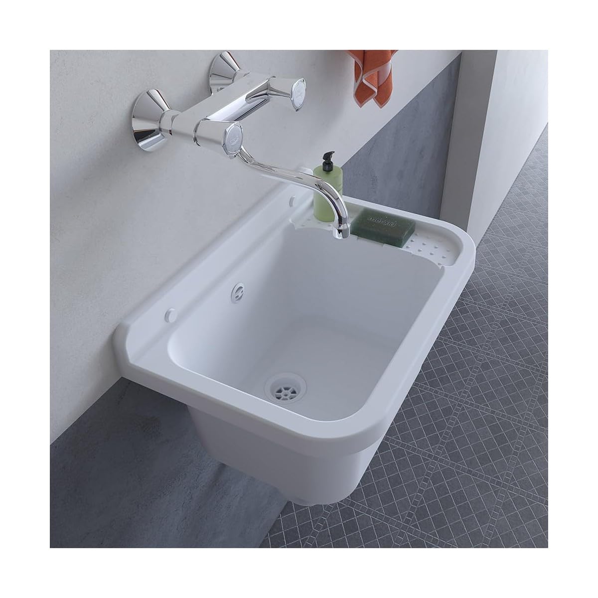 INTEC - Lavabo da parete in resina bianca 50 x 32 cm Lavabo a sospensione antiurto - Lavello Lavapano Bagno WC Garage Lavanderia