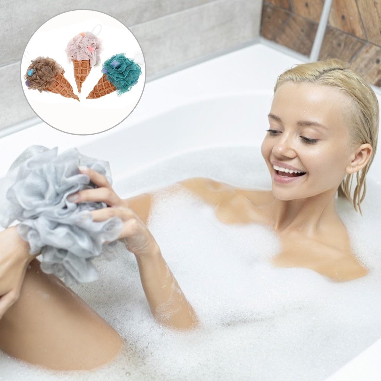 FRCOLOR 9 Pcs Ice Cream Bath Ball Body Scrubber Travel Size Baby Sponge Cute Cartoon Shower loofah Soft Exfoliating Mesh Pouf Bath Towel Ball for Adults, Children