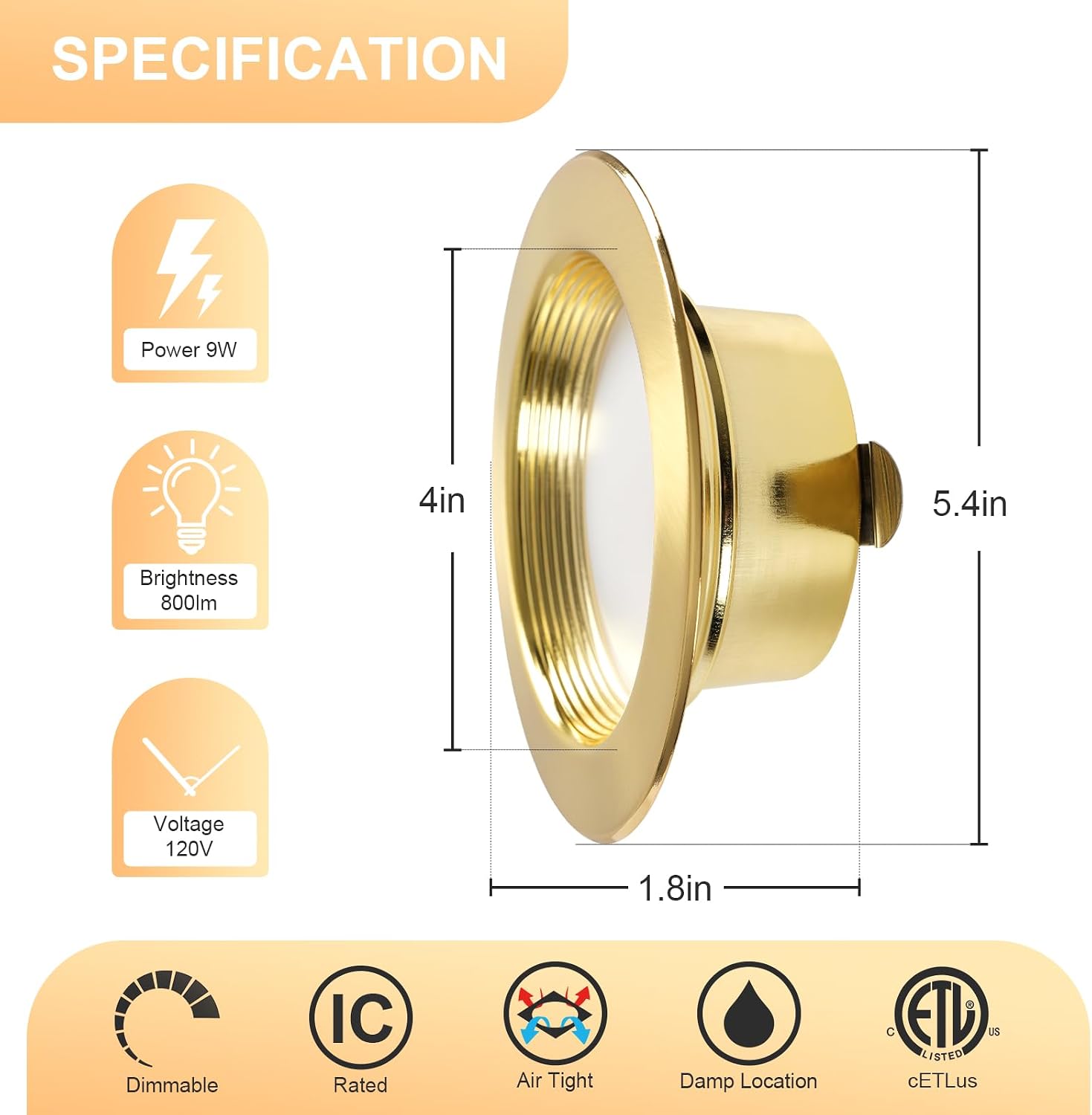 ZYC Gold 4 Inch Retrofit LED, 12 Pack Dimmable Retrofit Downlights can Light, 2700K/3000K/4000K/5000K/6000K Selectable, Damp Rated Can Lights, Baffle Trim, 9W 800Lm(Gold, 4 inch)