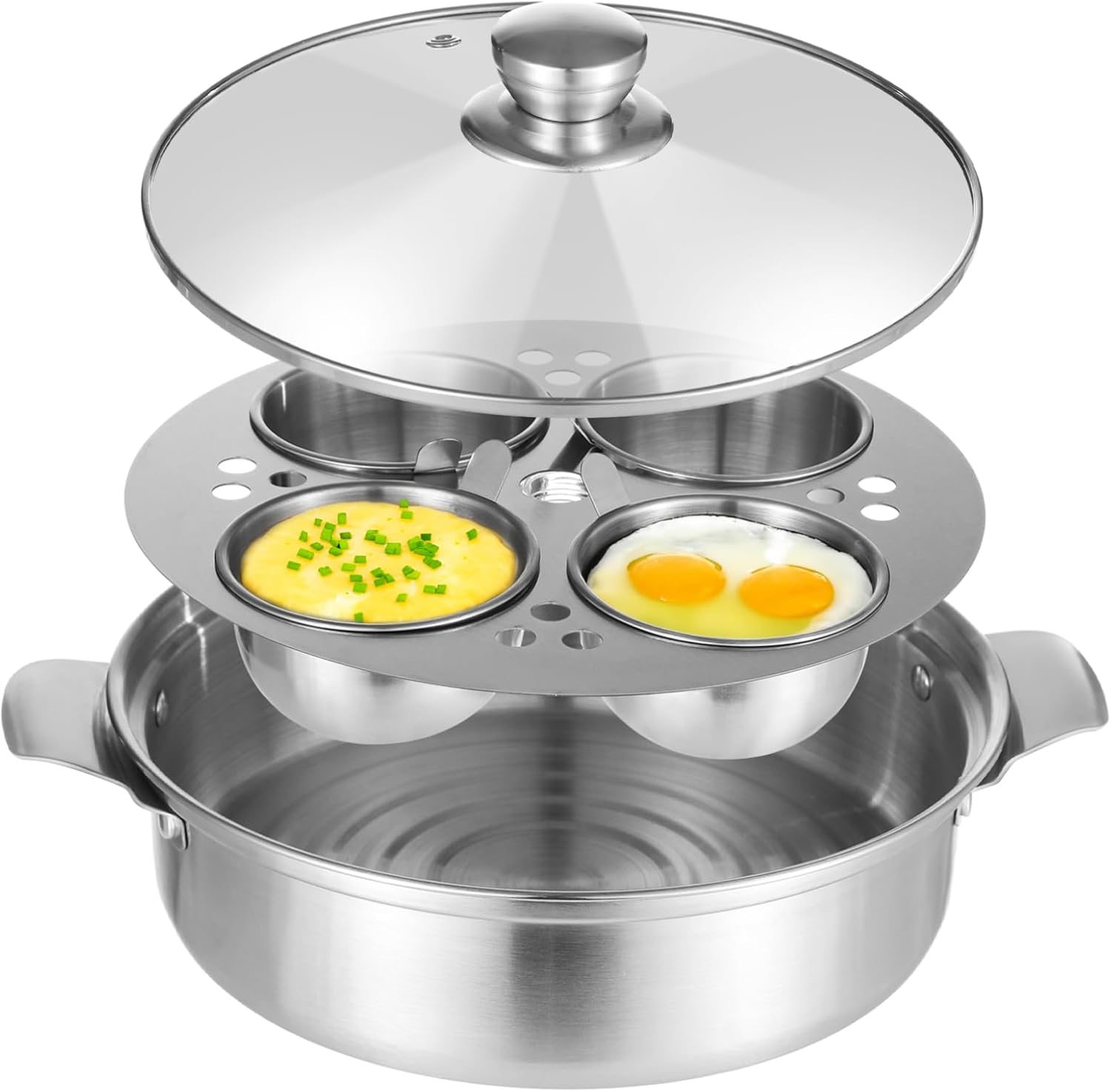 Stainless Steel Egg Poacher Pan - 4-Cup Nonstick Poached Egg Maker with Glass Lid, PFOA Free, Induction Cooktop Compatible for Breakfast Brunch, 8.7×2.6"