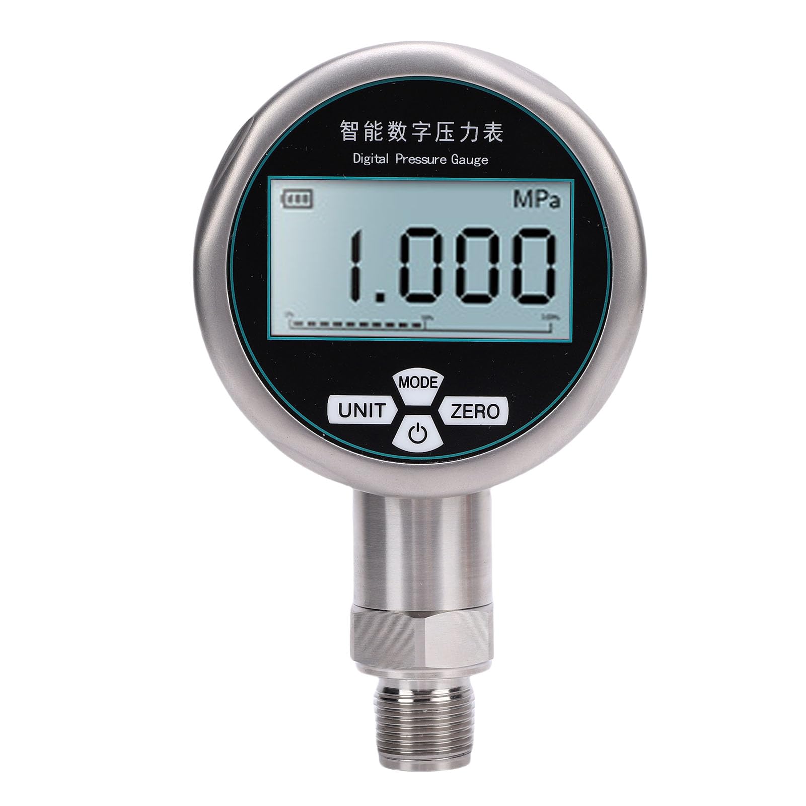 Asixxsix Misuratore di pressione digitale, Testatore di pressione di visualizzazione a 5 cifre, Gamma di 0-1MPa, 7 unità misuratore di pressione in acciaio inossidabile per acqua petrolio