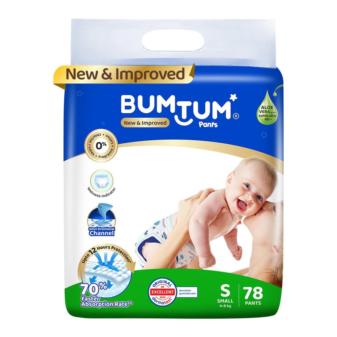 Bumtum Baby Diaper Pants, Small Size 78 Count, Double Layer Leakage Protection Infused With Aloe Vera, Cottony Soft High Absorb Technology (Pack of 1)