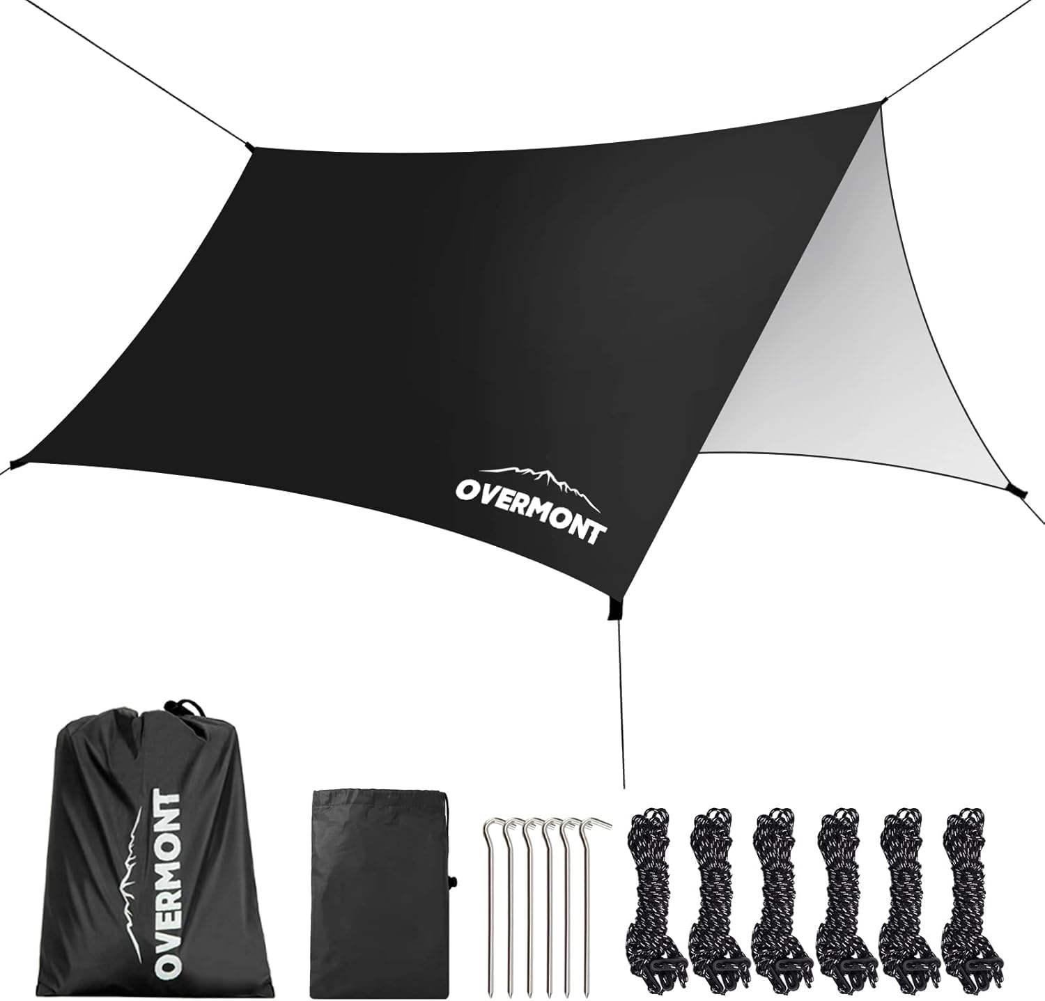 Overmont Rain Fly Tent Tarp - 3m x 3m, Lightweight Waterproof Hammock Camping Tarp for Protection Against Sun, Snow and Outdoor Travel Beach, Black