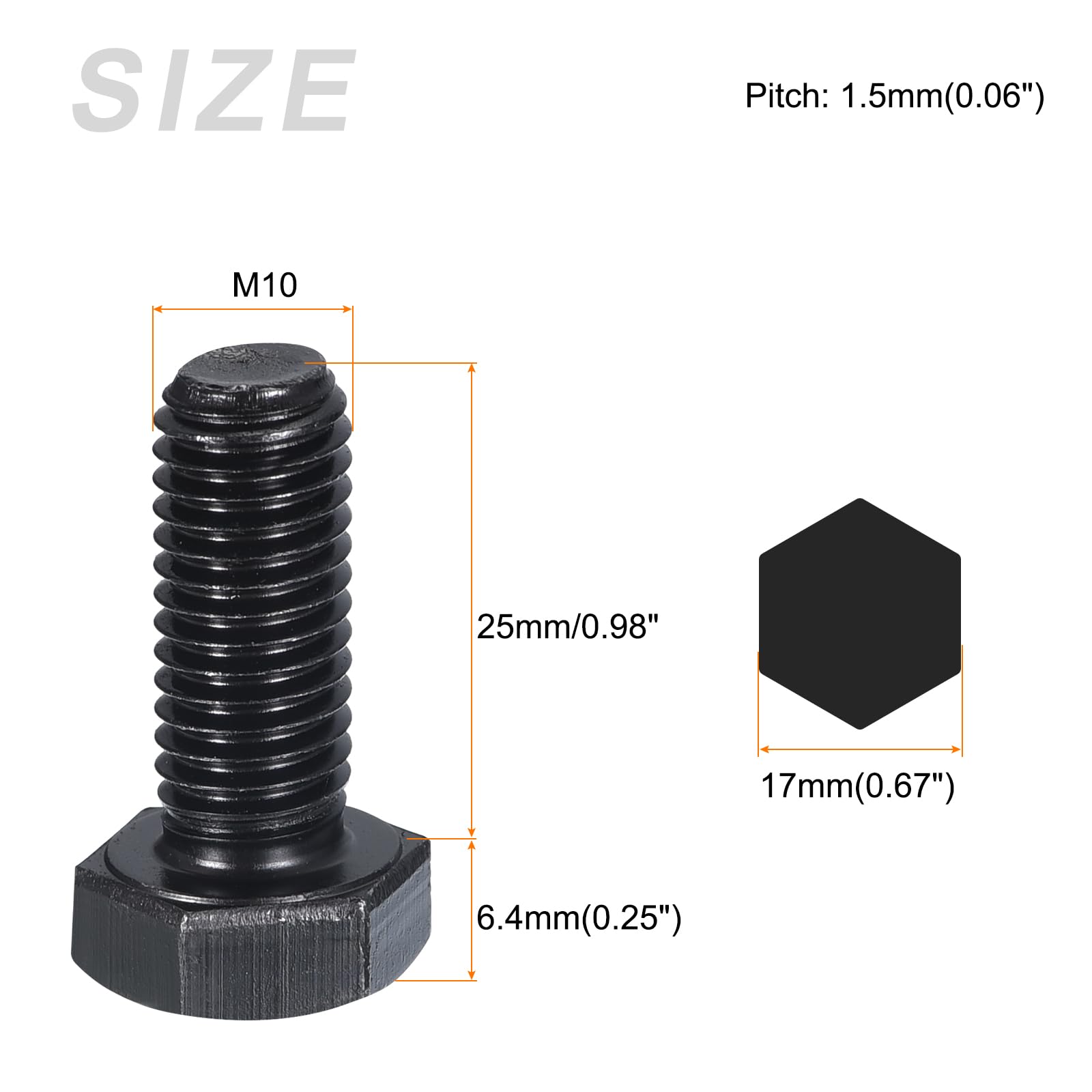 METALLIXITY Hex Bolts (M10-1.5x25mm) 20Pcs, 8.8 Grade Carbon Steel Fully Threaded Black Oxide - Image 2