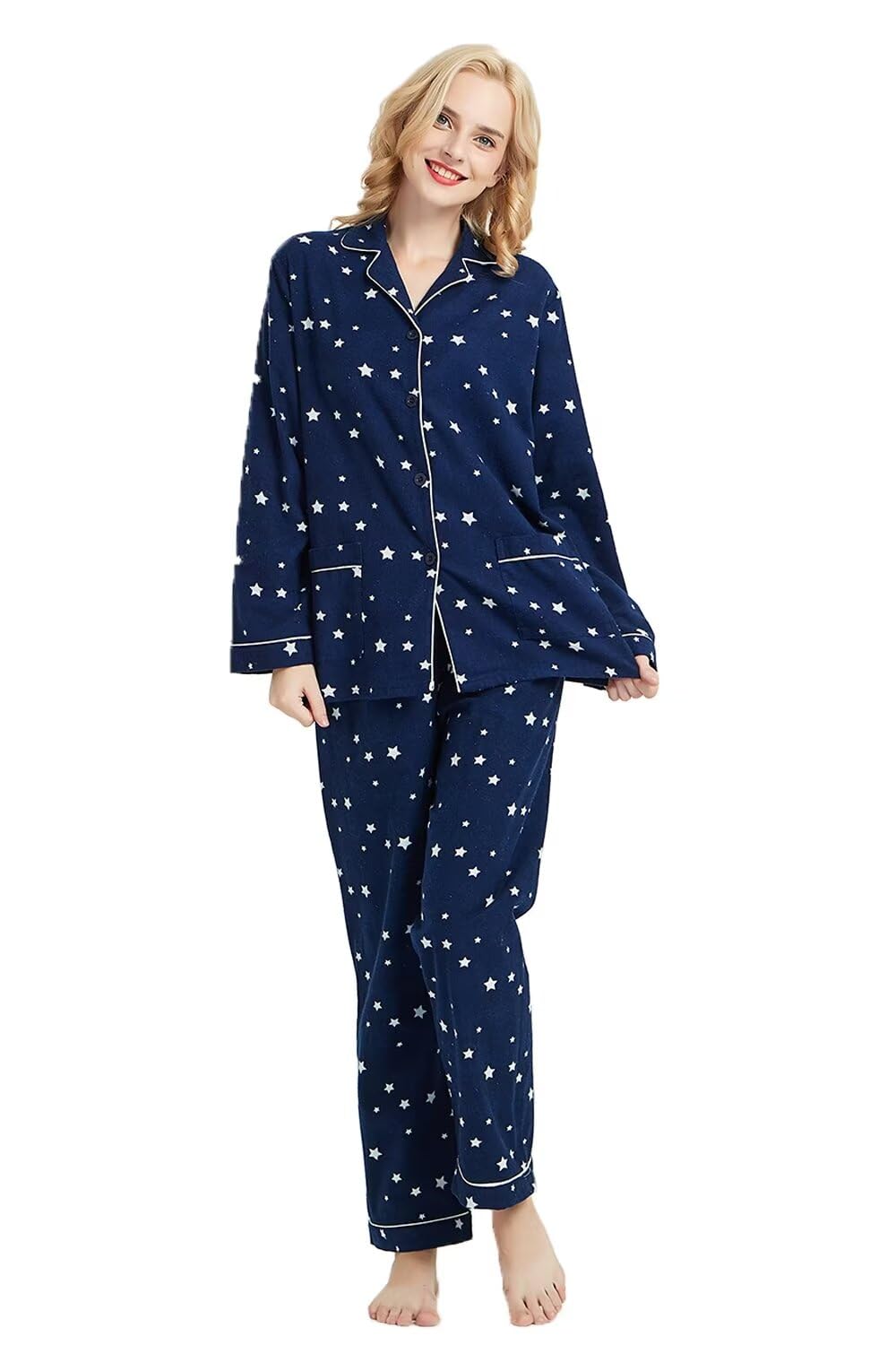 GLOBAL Pijamas Mujer Franela, Pijamas Algodon Mujer Largos, Conjunto de Pijama Suave y Cómodo, Camisones Mujer Botones, Cintura Elástica Ajustable，Regalo Mujeres,