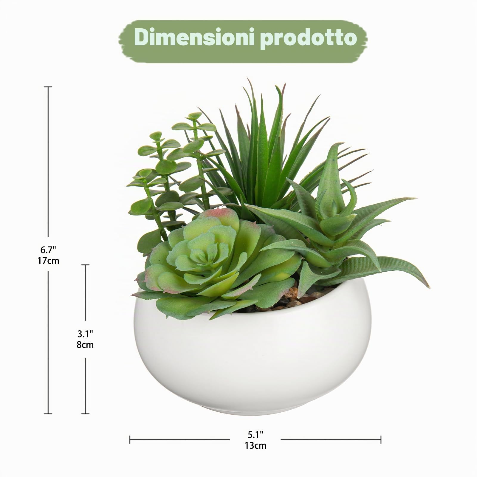 Piante grasse artificiali, 17 cm, piante artificiali in vaso, piccole piante artificiali in ceramica bianca, vaso decorativo per bagno, soggiorno, decorazione da tavolo, ufficio