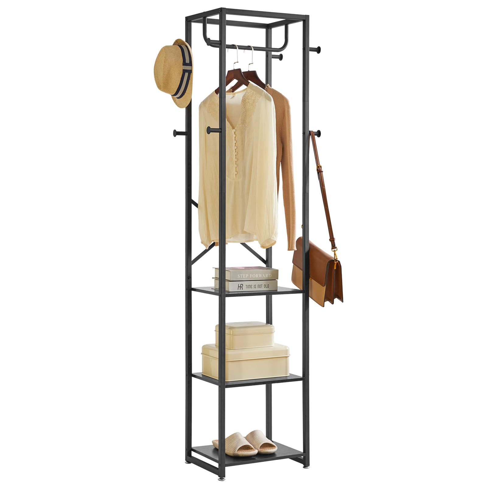 IBUYKE Perchero independiente con 3 estantes y 8 ganchos, perchero industrial para entrada, pasillo, dormitorio, 180 x 40 x 30 cm, color negro TMJ088B