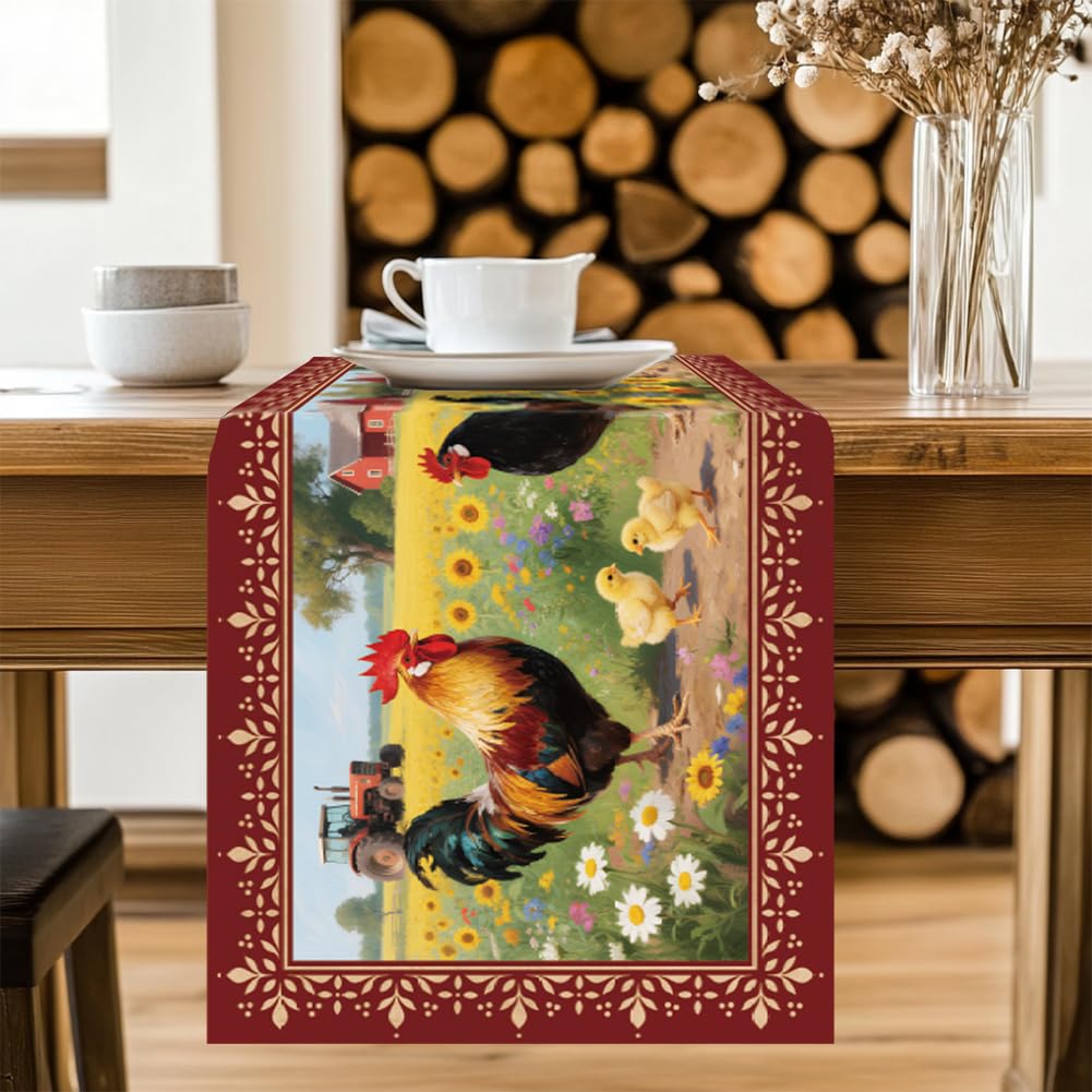 ANATTASOUL Spring Table Runner Rooster and Sunflower 13"x72" Table Decorations, Durable Summer Dining Decor for Home Kitchen Party Room - Image 4