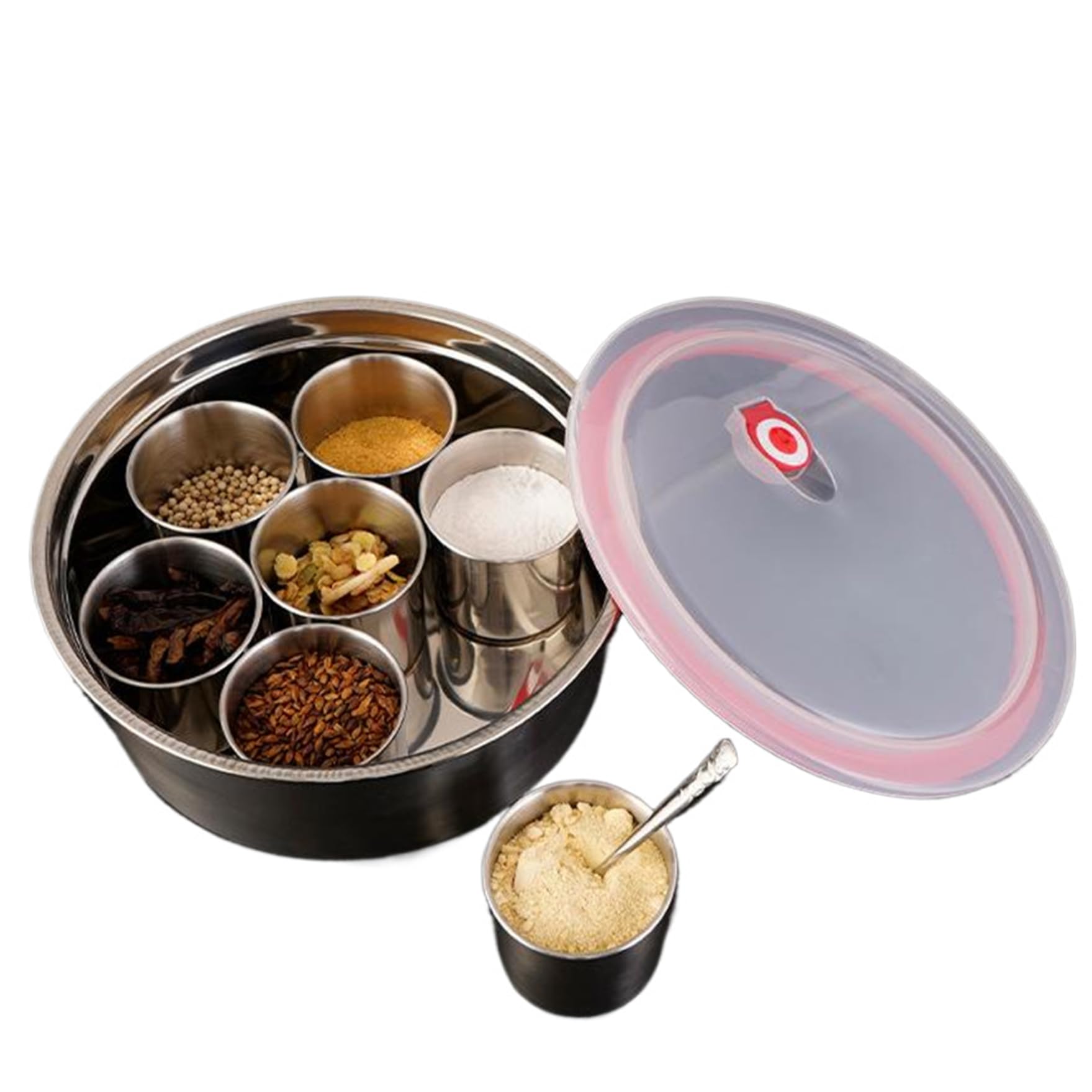 Wxyestna Spice Box, Stainless Steel Round Spice Containers 7 Compartments Seasoning Box with Airtight Lid Reusable with Spoon
