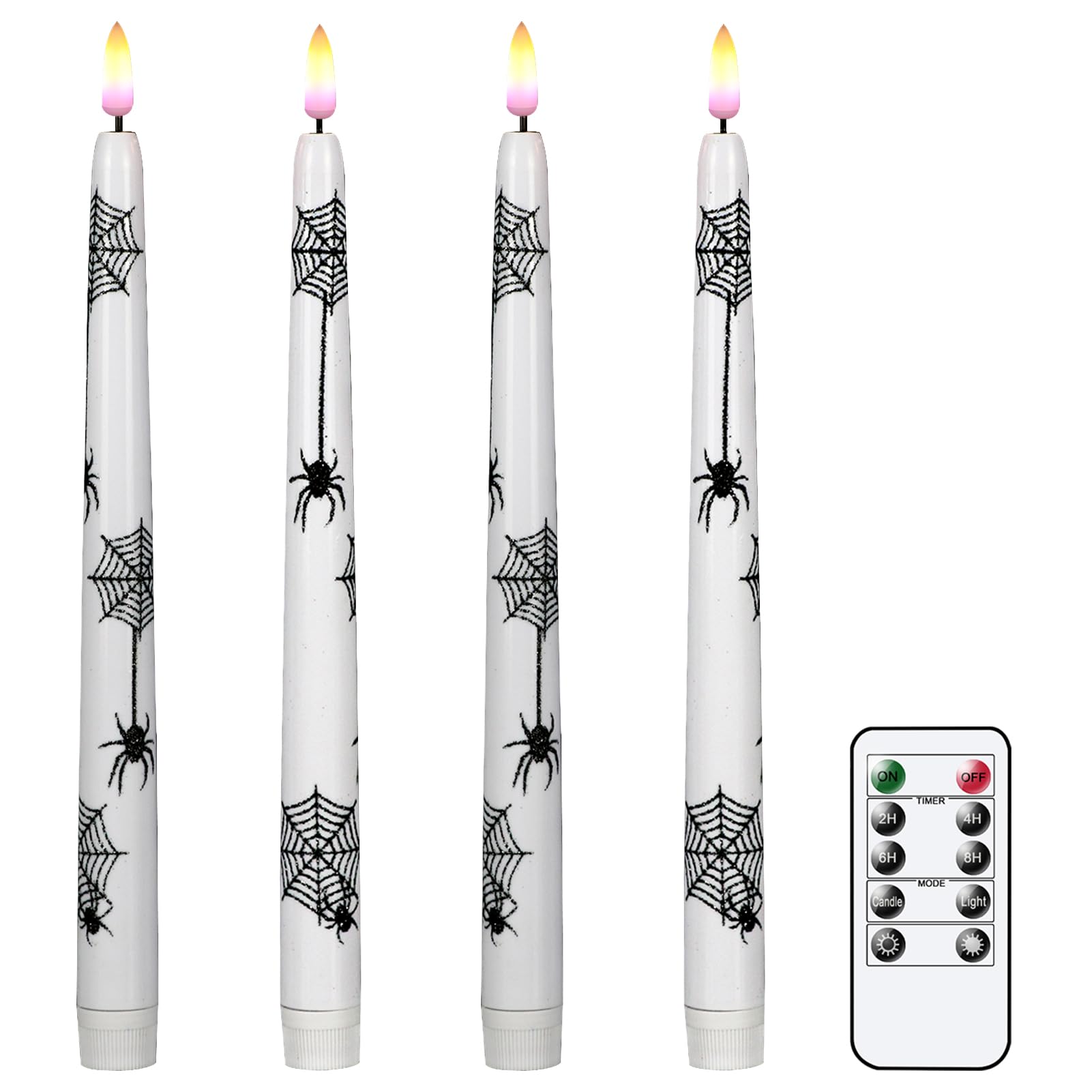 DRomanceSpider Flameless LED Taper Candles with 10-Key Remote and Timer Battery Operated Plastic 3D Wick Flickering Dinner Halloween Decor Candles(4 Pack, 0.8" D x 11" H)