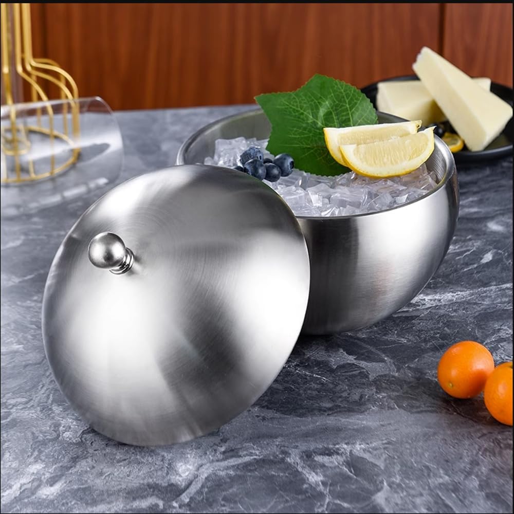 Ice Bucket With Lid,Metal Spherical Ice Cube Bowl, Ice