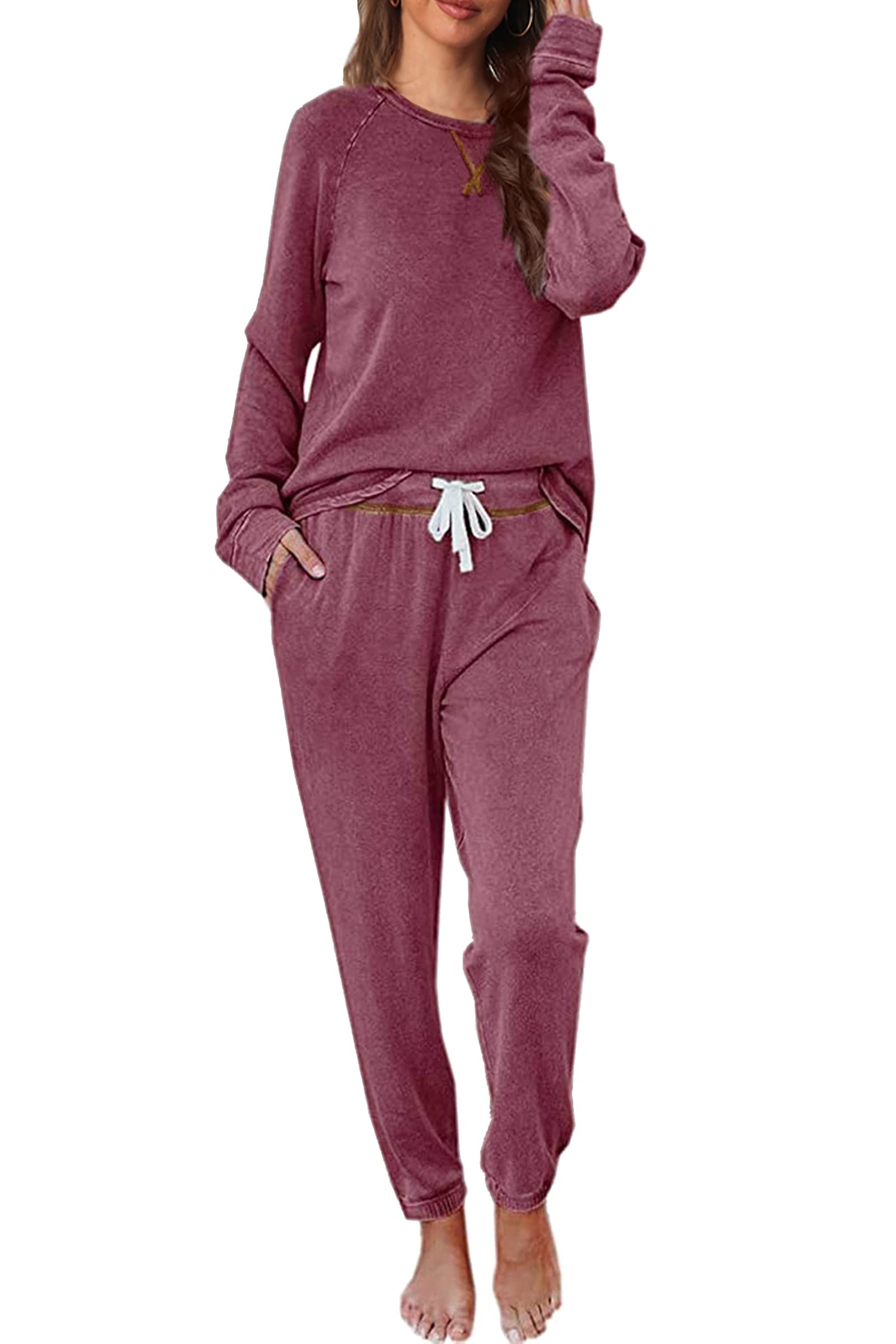 Cysincos Womens Sweatsuits 2 Piece Outfit Sweatpants Loungewear Jogger Pajama Set Long Sleeve Pullover Drawstring Pants