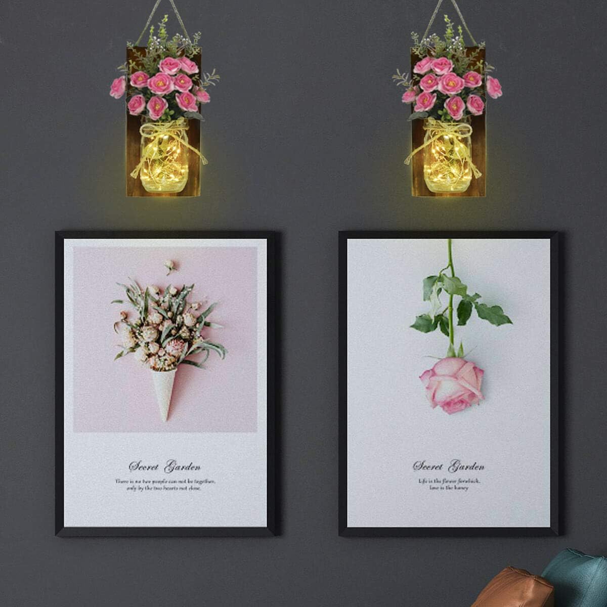 VIEFIN Farmhouse Mason Jar Sconces Wall Decor,Rustic Home Decor Wall Art Hanging Mason Jar Decor with Remote Control LED Fairy Lights and Pink Rose for Home Decorations(2 Pack,Pink)
