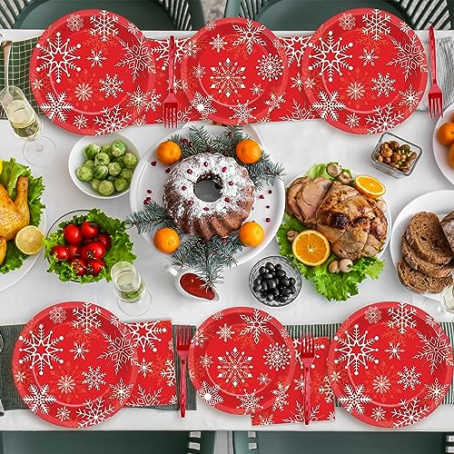 Image of ZOIIWA 200 PCS Christmas Theme Party Tableware Disposable Merry Christmas Party Supplies Dinnerware Set Xmas napkins Snowflakes Paper Plates Bulk Christmas Dinnerware Party Decoration Serve 50 guest