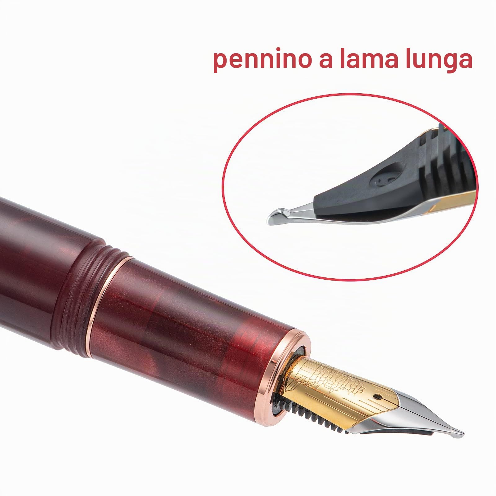 erofa Hongdian N8 - Penna stilografica in acrilico rosso, irdidium, punta lunga, finitura oro rosa con foglie d'acero, penna liscia con convertitore e scatola in metallo