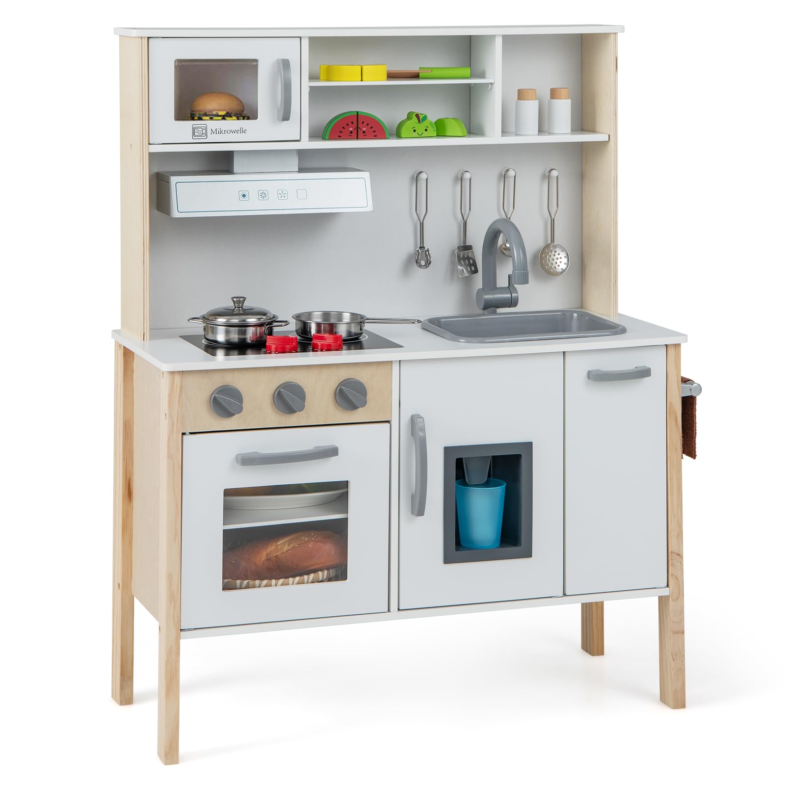 GOPLUS Cuisine Enfant en Bois, Jouet de Cuisine avec Effect Sonore, Évier Amovible, Hotte de Cuisine, Machine à Glaçons, 18 Accessoires Complets, pour Garçons Filles 3-6 Ans (Gris)