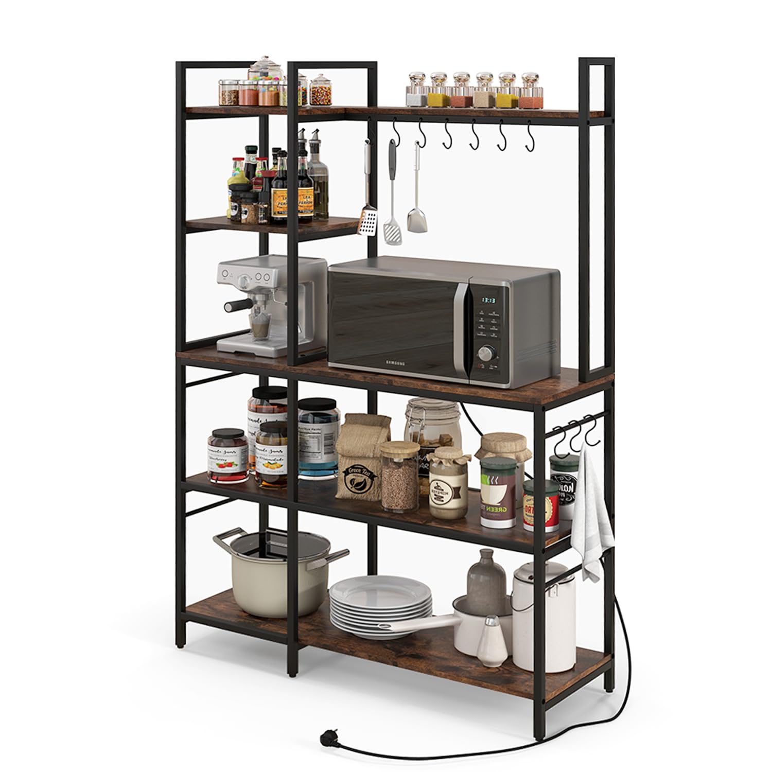GOPLUS Estantería de Cocina con 5 Estantes y 10 Ganchos, Estante Ahorrador de Espacio para Microondas, Estante Multiusos para Panadería con 6 Patas Regulables, Estilo Industrial, 107 x 37 x 160 cm