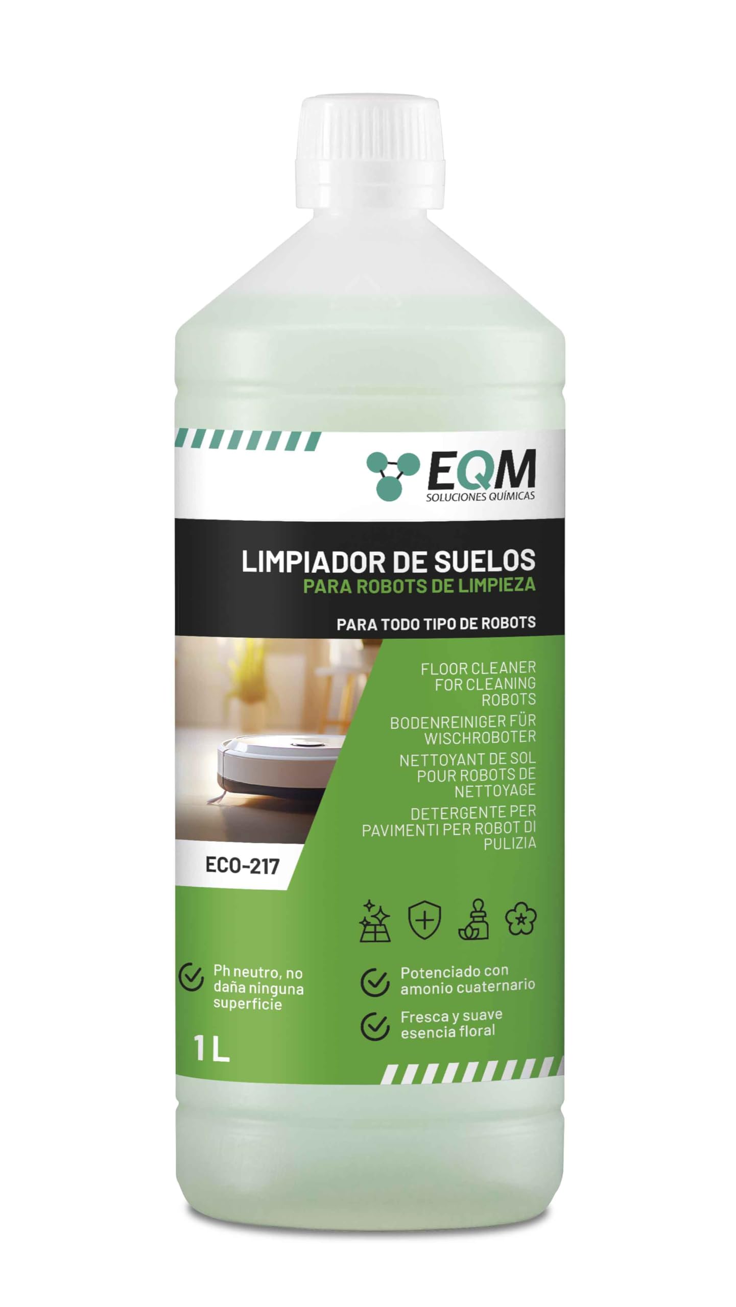 EQM - ECO-217 - Limpiador de Suelos para Robots de Limpieza - 1L - Válido para Cualquier Superficie gracias a su pH Neutro - Aroma Floral