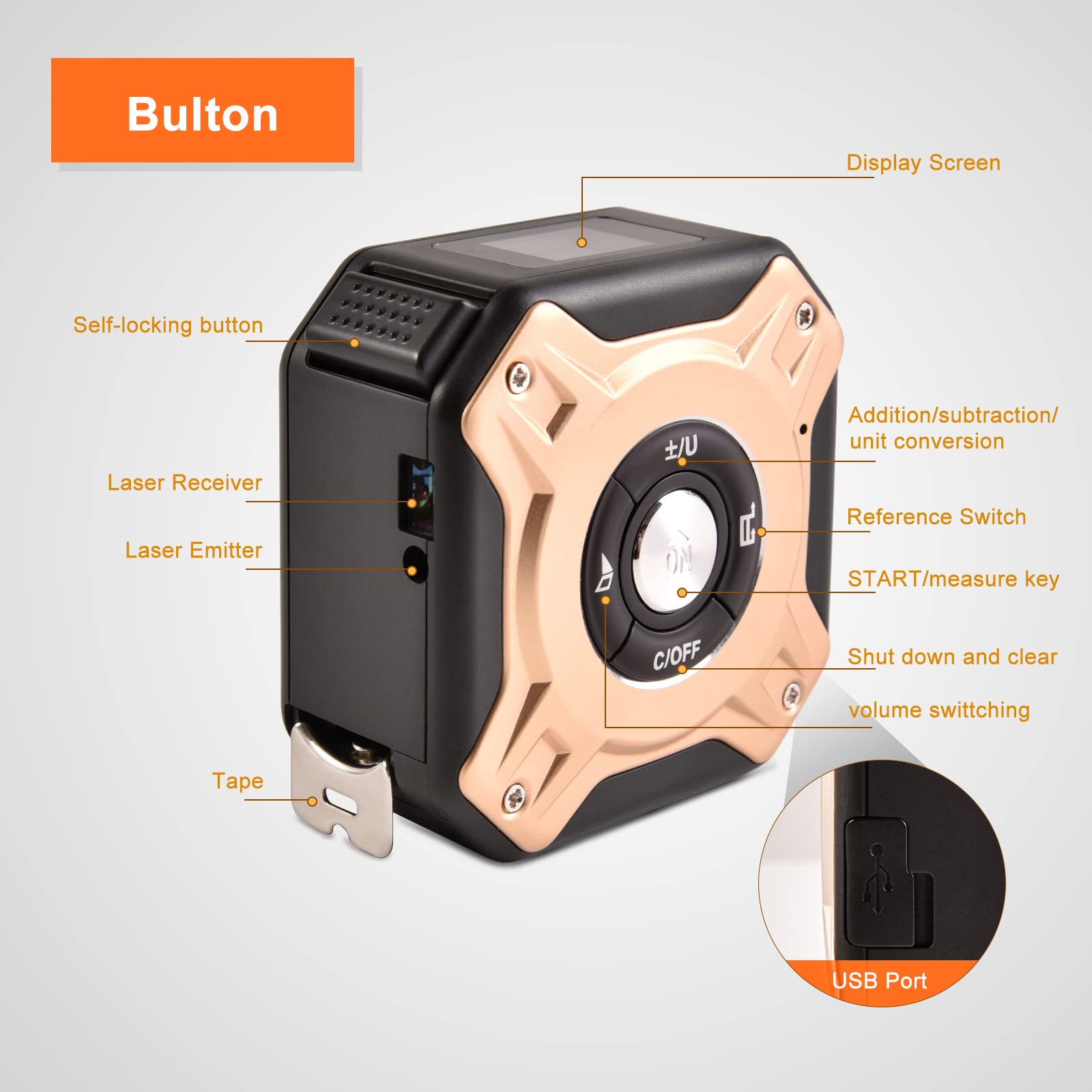 Télémètre Laser Ruban 2 en 1, Mètre Ruban Laser Rechargeable avec Laser de 40m et Ruban de 5m, USB Rechargeable avec Rétroéclairage LCD, Affichage Numérique pour Longueur/Zone/Volume/Mesure
