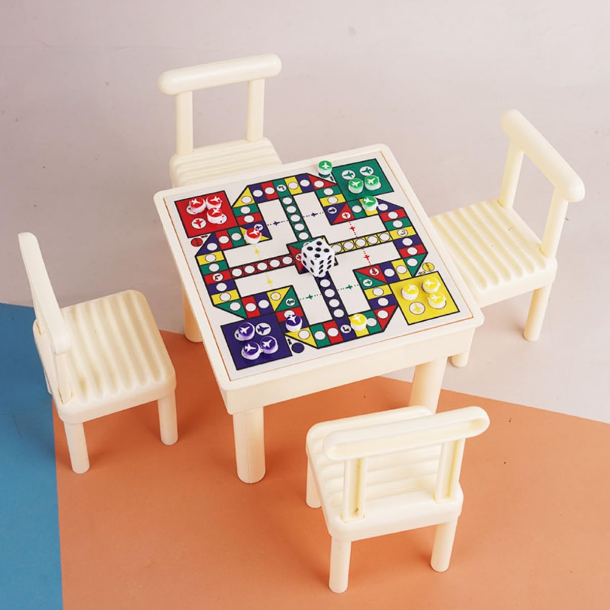 KARLOR Miniature Ludo Game Table Set, Table with 4 Chairs, Game Board, Cube Player, Vintage Bistro Style Bookcase, Decoration, Miniature Scene, Table Decoration from 14 Years