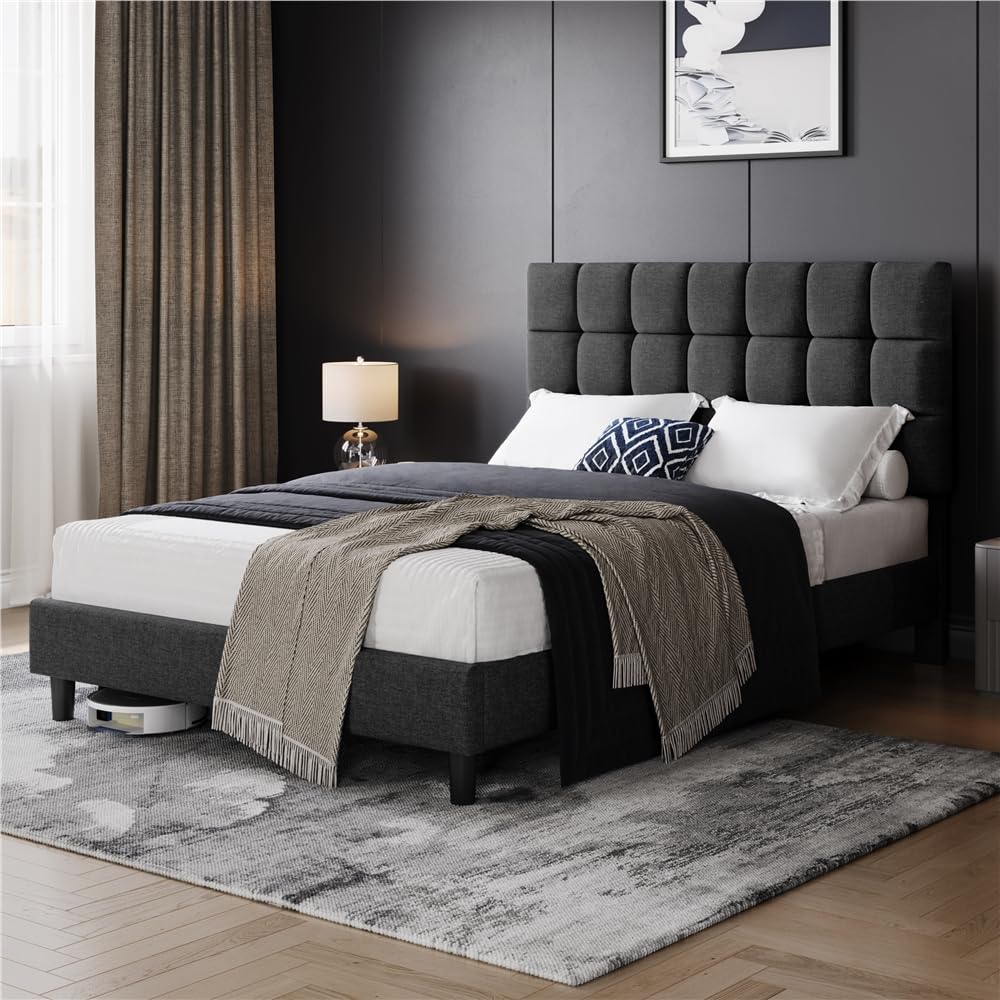 Yaheetech Marco de Cama Tapizada de 140 x 200 cm Camas de Matrimonio con Cabecero Regulable en Altura Estructura Estable con Listón de Madera, Color Gris Oscuro