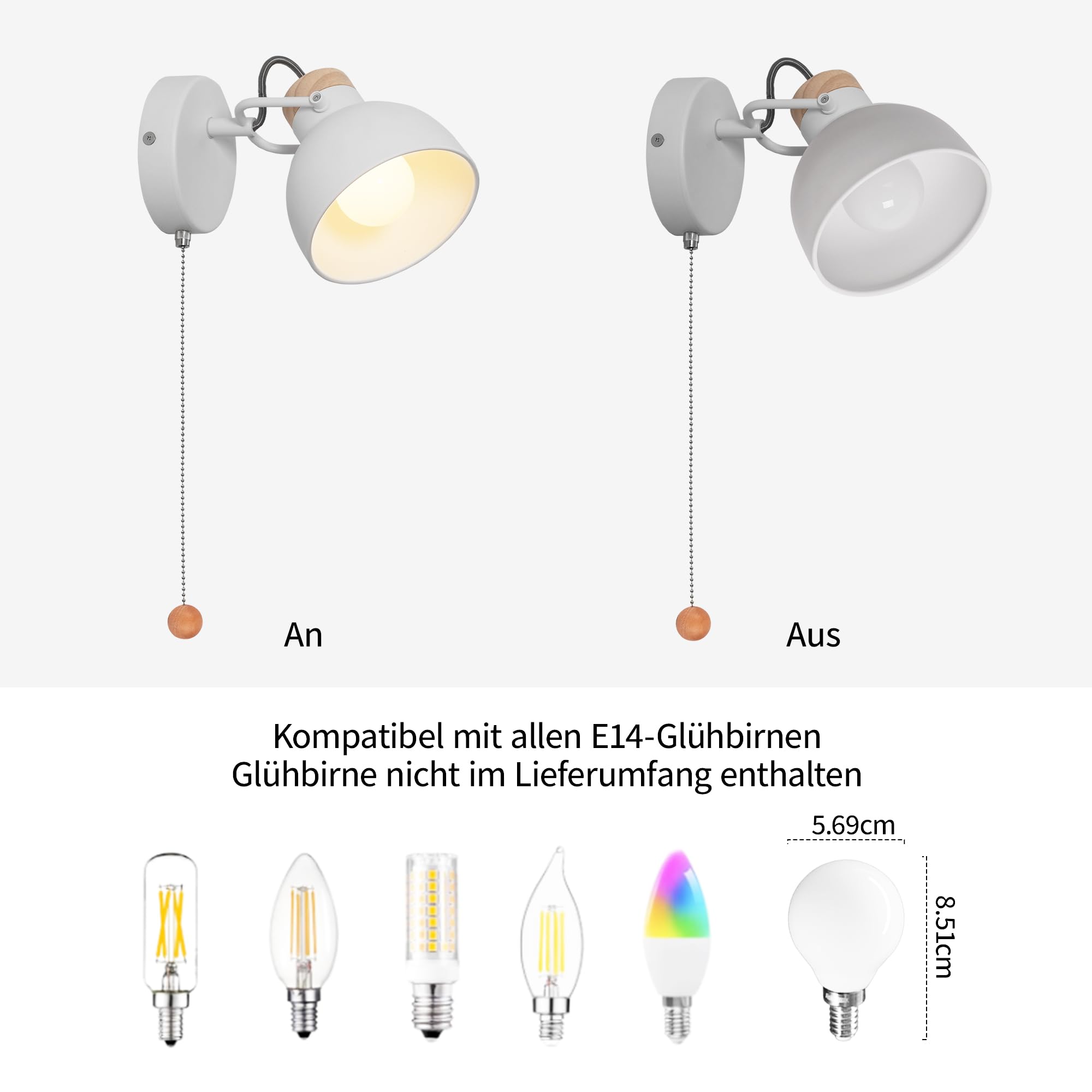 Aisilan Wandlampe mit Schalter Innen Weiß Vintage, E14 Wandleuchte aus Holz und Metall 350° drehbar 125° schwenkbar, Nachttischlampe Wand für Schlafzimmer Wohnzimmer Flur, ohne Glühbirne