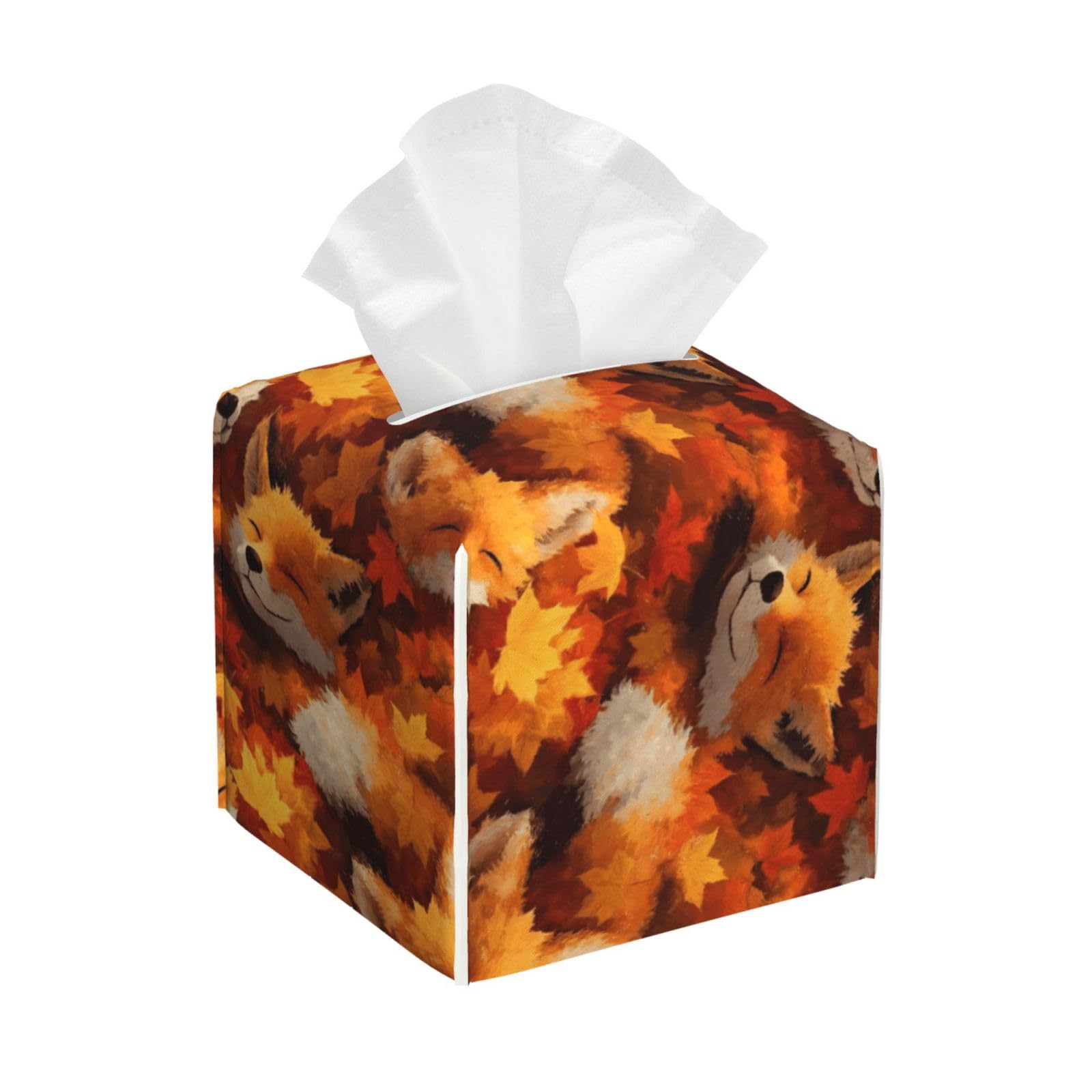 Autumn Maple Leaf Fox Print Tissue Box Cover Holder Square, Foldable Modern Cube Tissue Box Cover, Leather Decorative Organizer for Tabletop Bathroom Car Office Desk Decor