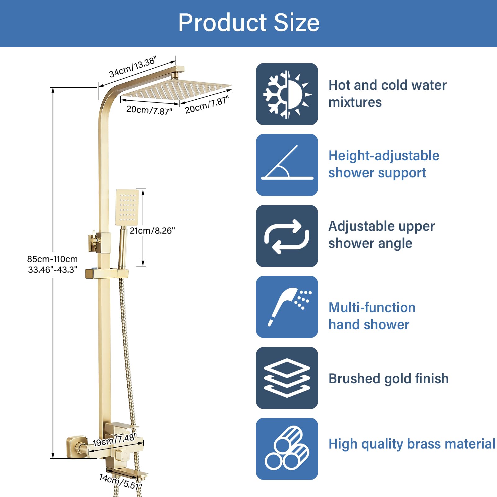 Colonna per doccia,Multifunzionale Set doccia regolabile in altezza, 8" soffione doccia a pioggia e quadrato doccia a mano,ottone,oro spazzolato