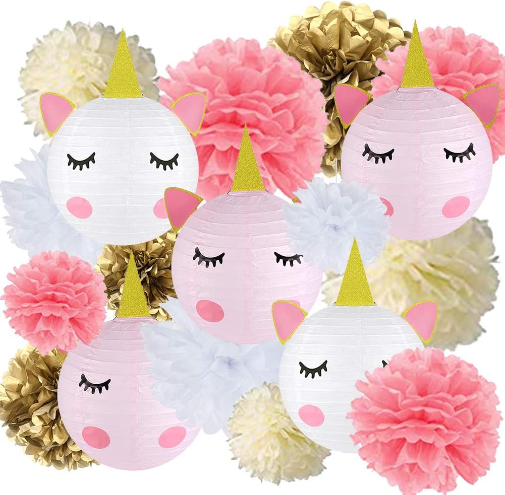 18 pcs Unicorn Birthday Party Decorations - 12pcs Tissue Paper Pom Poms,6pcs Unicorn Paper Lanterns with Glitter Horn Ears Eyelashes for Unicorn Baby Shower Birthday Party Supplies(DIY)
