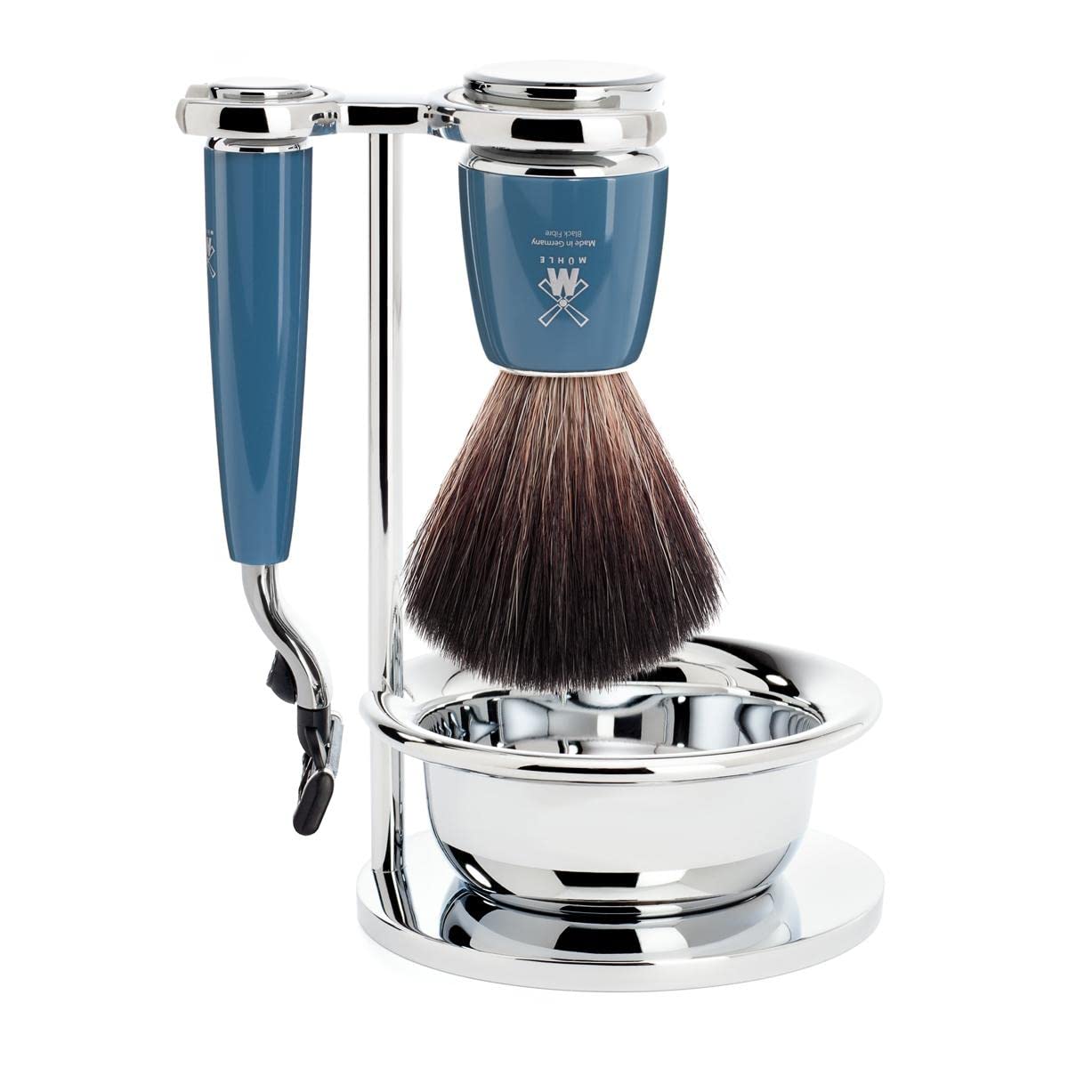 MÜHLE Rytmo Rasierset - kompatibel mit Gillette-Klingen, Black Fibre Pinsel, Halterung mit Schale - Edelharz Griff, petrol - vegan