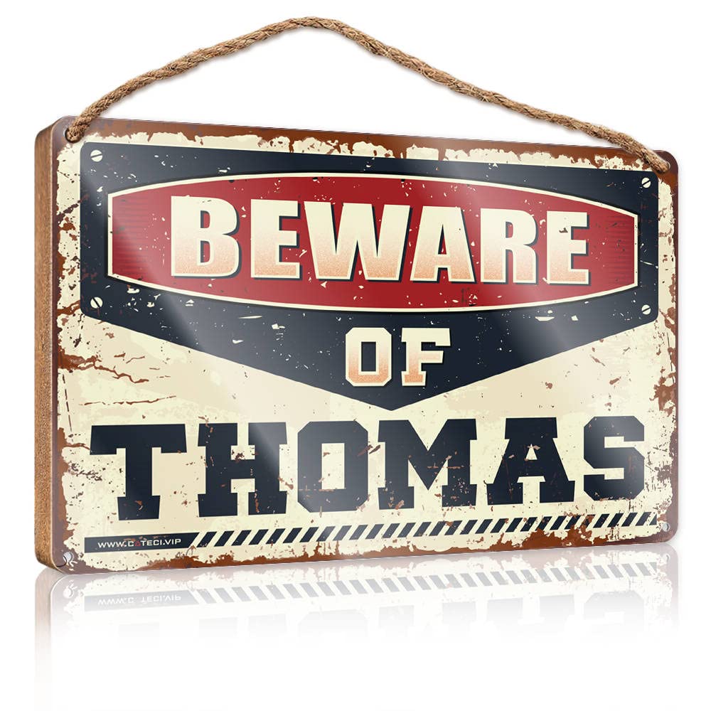 DTHA Hanging Wooden Plaque Beware Of Thomas Wooden Sign Restroom Sign Funny Bathroom Decor Wall Art(15X28CM)