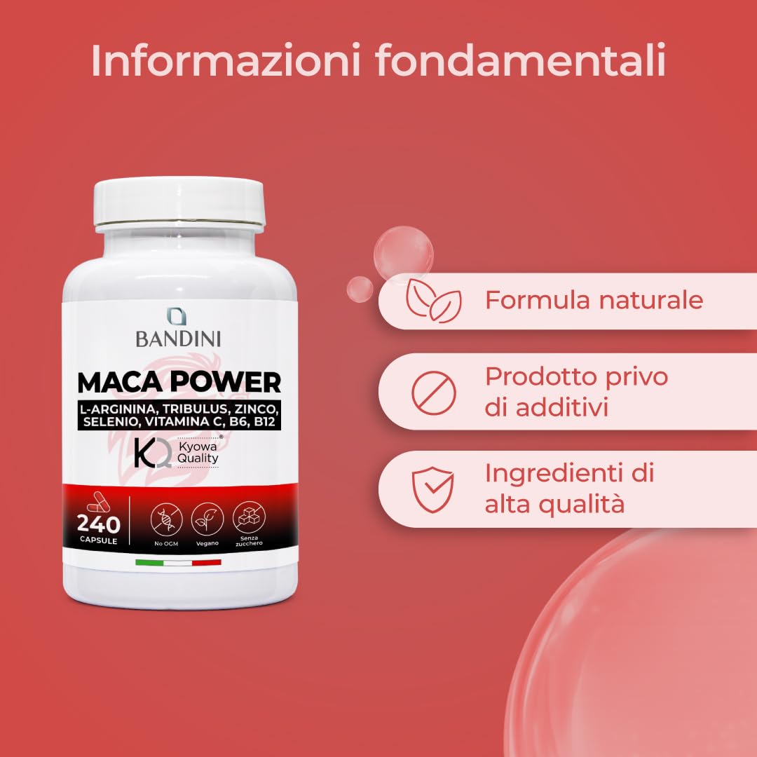 Bandini® MACA POWER 240 Capsule, Maca Peruviana 100% Vegan, Complesso ad Alto Dosaggio con Arginina Kyowa®, Tribulus, Vitamina C, Zinco, B6, B12 e Selenio, Stanchezza Fisica e Mentale, Energia, Sport