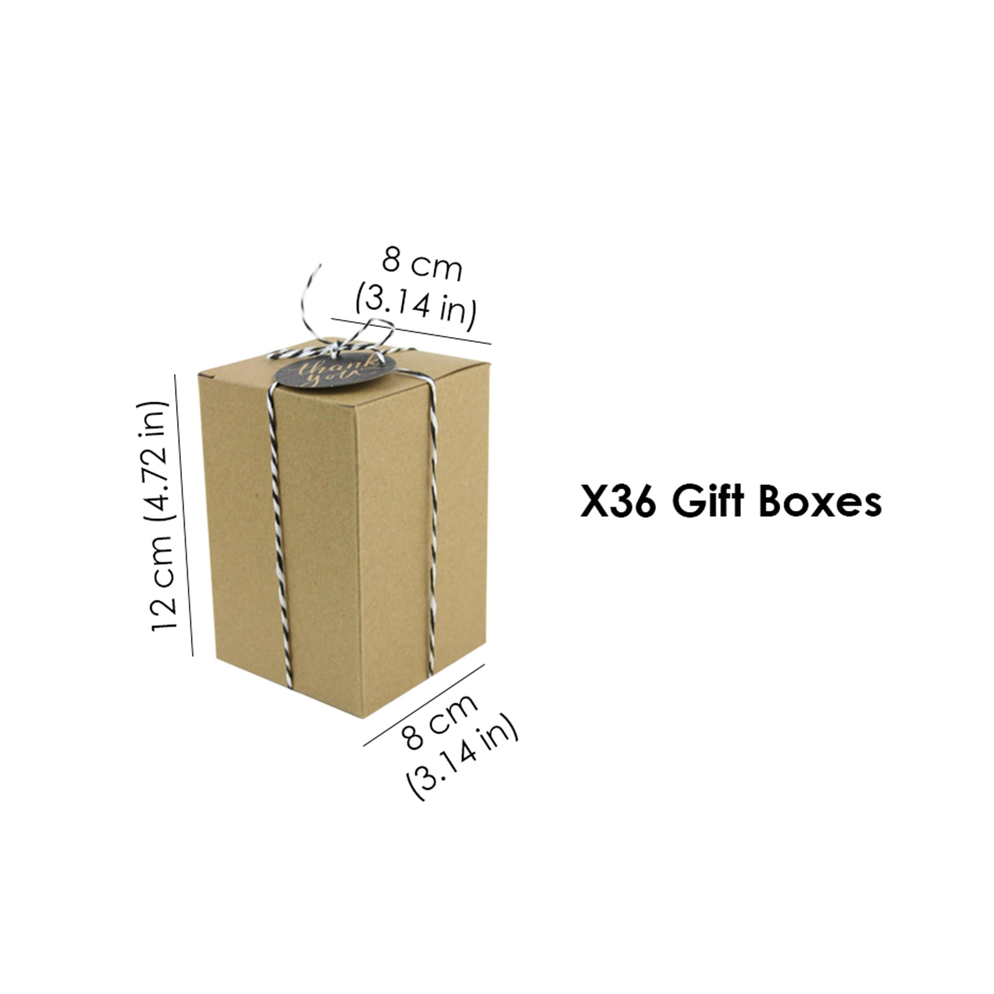 Emartbuy Scatola regalo in carta kraft naturale, 11 x 11 x 12 cm, scatola marrone per caramelle, biscotti, con cordino ed etichetta, confezione da 36