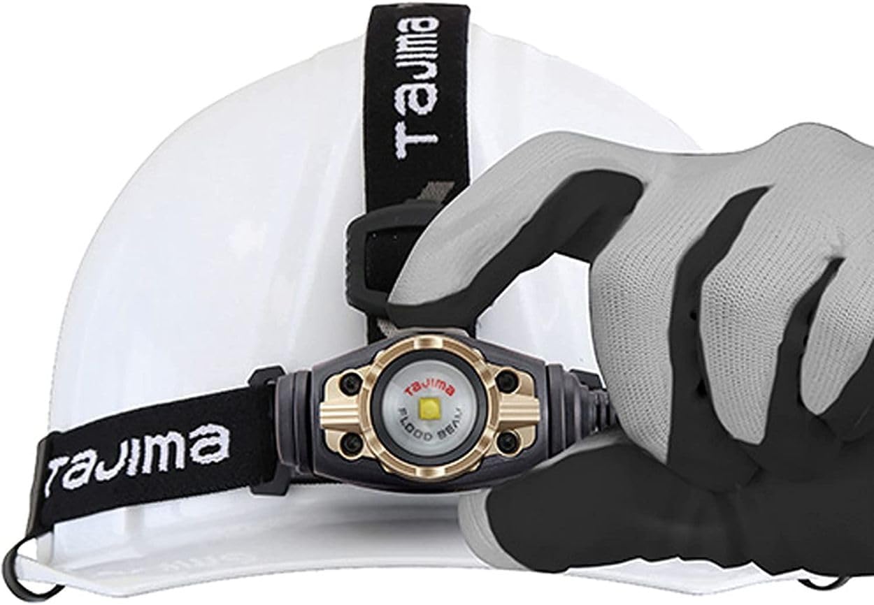 Tajima Grati-Lite Headlamp attached to a white hard hat using helmet clips