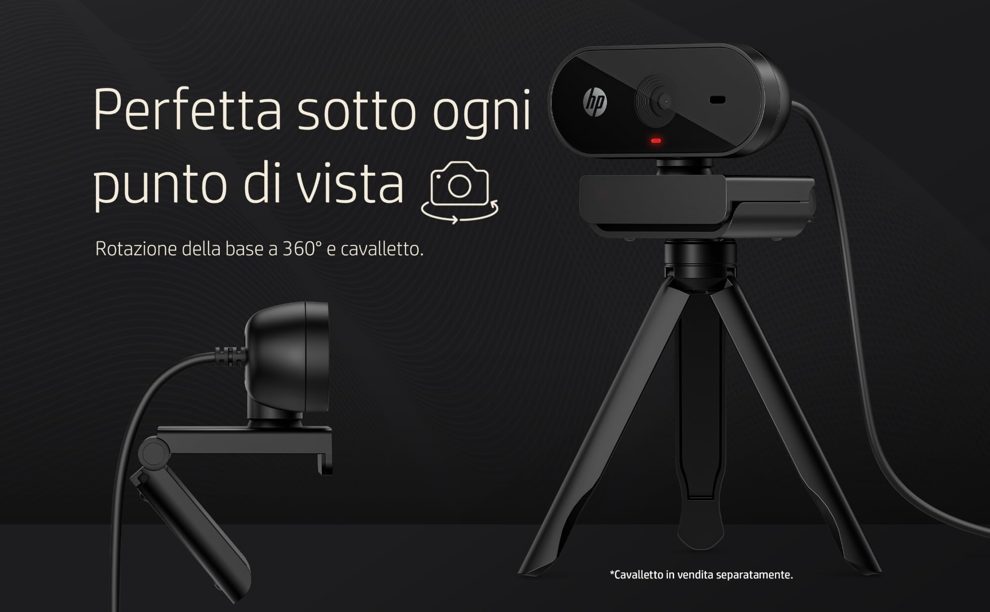 HP 320 Webcam FHD 1080P, USB, Grandangolare, Copriobiettivo, Angolazione regolabile, Correzione Automatica Luminosità, Certificata Works With Chromebook, Chrome OS, Windows 11, macOS, Nera