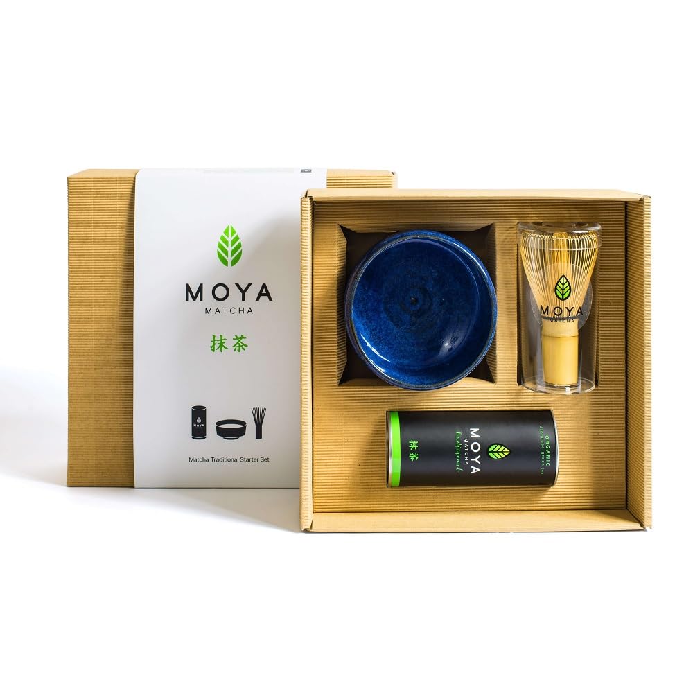 Moya Matcha Té Verde Orgánico Japonés En Polvo Set | 30g Tradicional (II) Paquete de Grado + Bol Azul + Batidor | Tradicional Preparación de té de Grado Starter Kit Básico