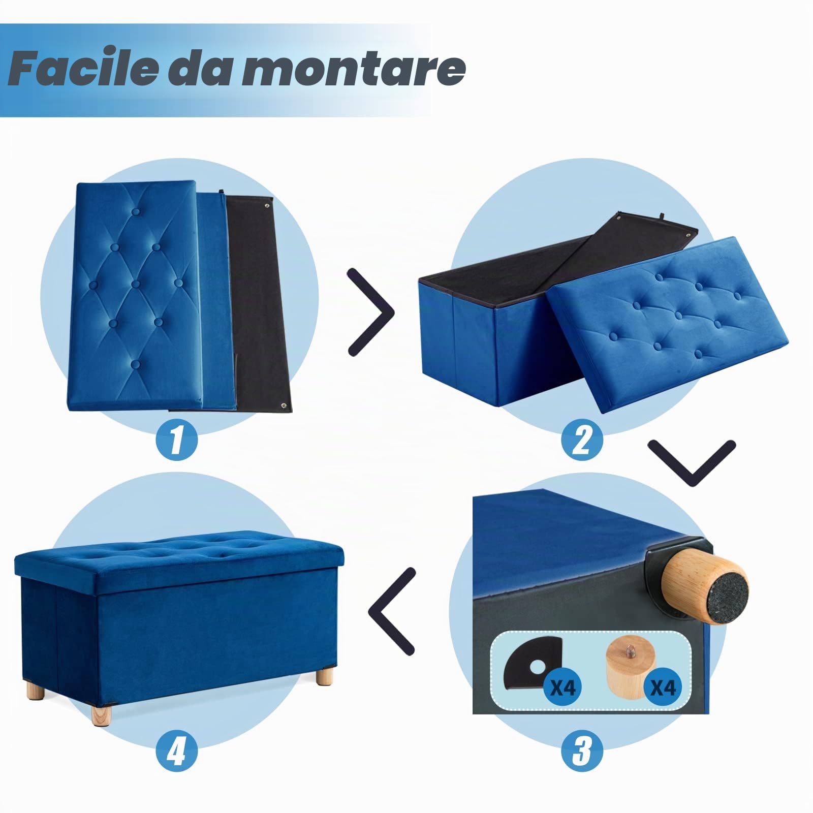 BRIAN & DANY Panca Contenitore Pieghevole, Pouf Contenitore Rettangolare con Gambe, Puff Poggiapiedi in Velluto Cassapanca Camera da Letto, 76 x 38 x 38 cm, Blu