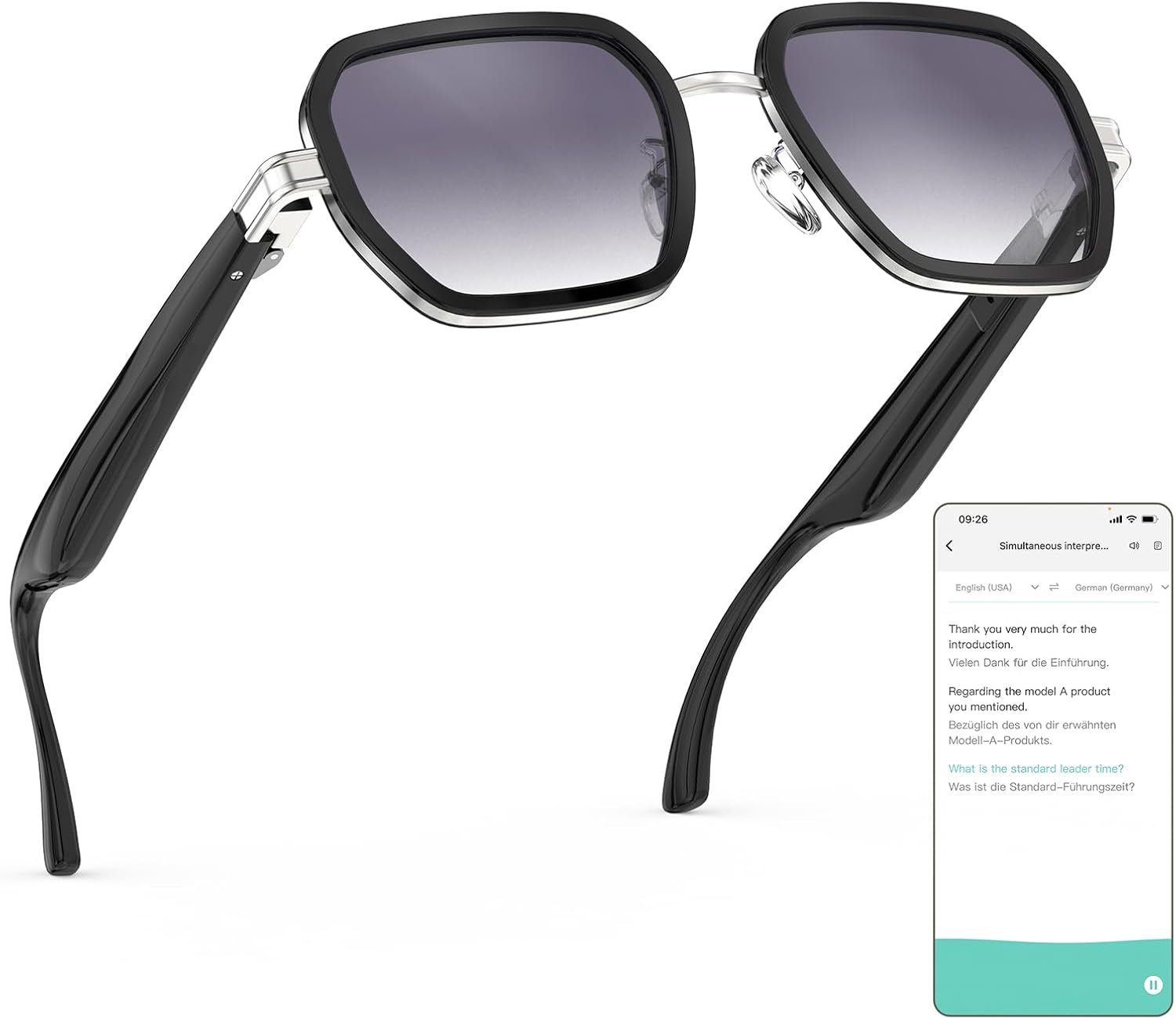 Ai Smart Sunglasses for Men & Women, Bluetooth Glasses with AI Translation & Recording, Open Ear Speakers for Music/Calls, Lightweight for Outdoor, Driving, Travel – 164 Languages (Black Silver)