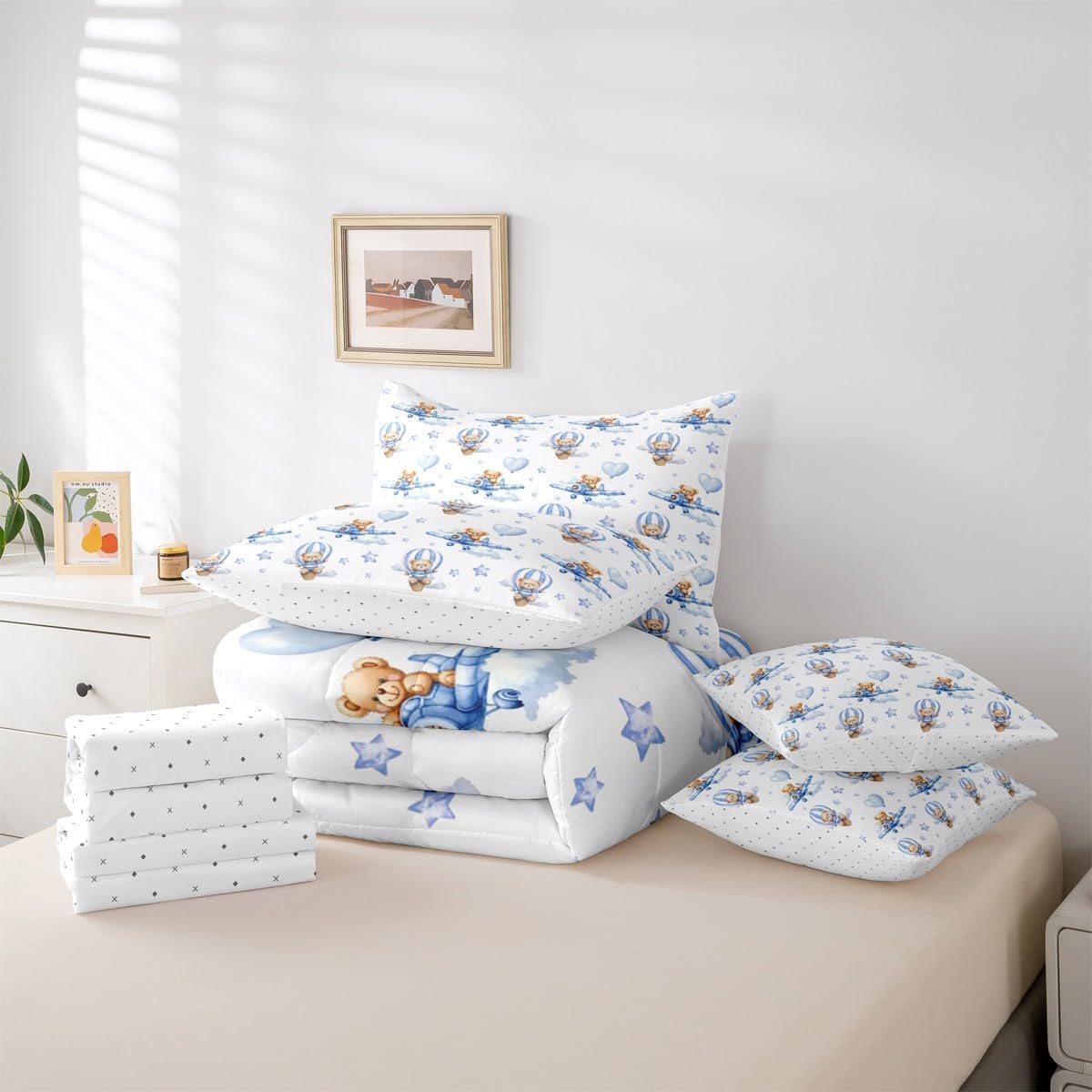 jejeloiu Baby Bear Comforter Set with Sheets 7 Piece Queen Size Blue Bear Bed in a Bag Kids Boys Girls Hot Air Bedding Set Star Design Bedroom Decor Cute Breathable Soft Lightweight Microfiber