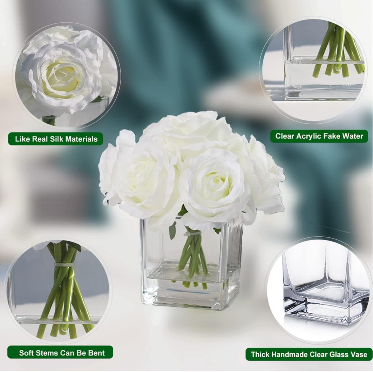 7 Large Stem Rose Artificial Flowers in Vase, Silk Floral Arrangement in Vase with Fake Water for Home Decor, Wedding Table (Cream) - Image 3