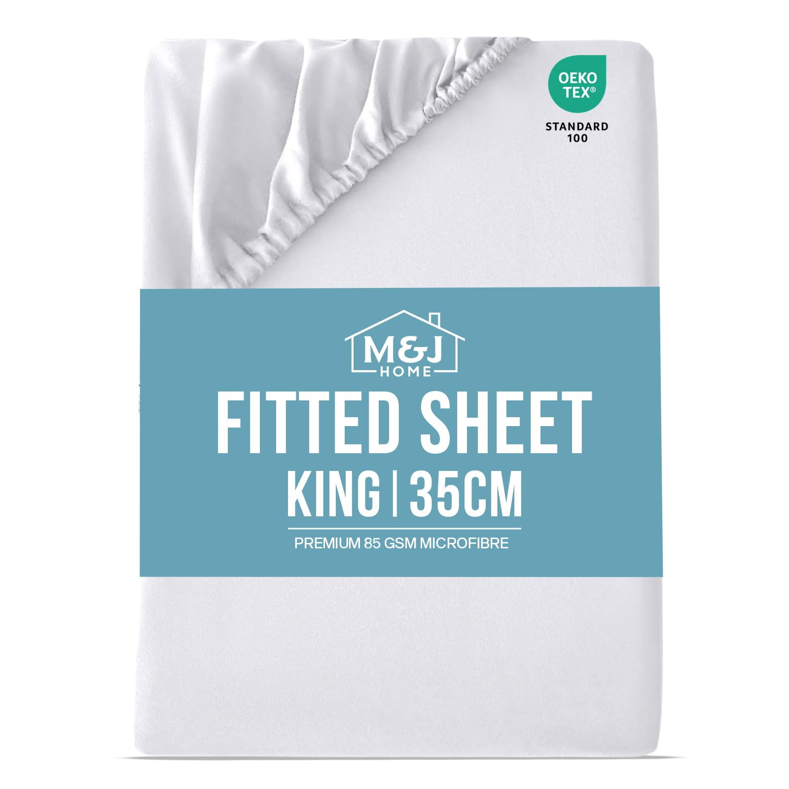 M&J Home King Bed Fitted Sheet White - Deep Pocket 35cm - 85GSM Microfibre - Easy Care Machine Washable - OEKO-TEX Certified