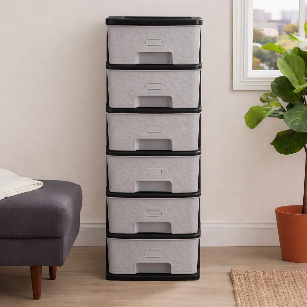 Smarttex™ Plastic Modular Drawer Storage Chest Of Drawers Organizer Storage Box, Large Stomo Racks For Multipurpose Anti-slip Shoes Organizers (Grey, 6 Layer)